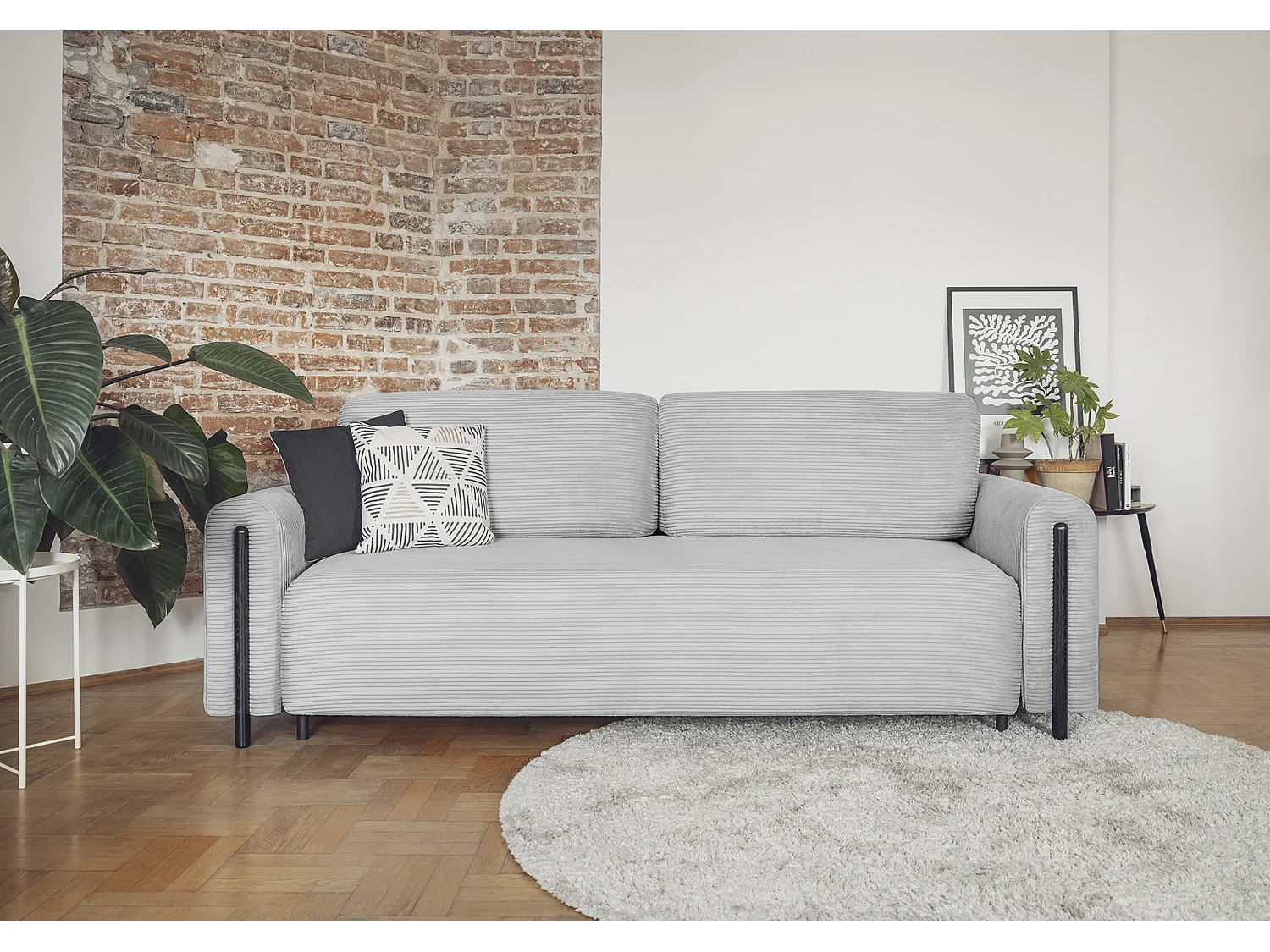 Moderne 4-zitsbank in lusstof en zwarte houten poten Dova 244 cm-Kleur Cementgrijs