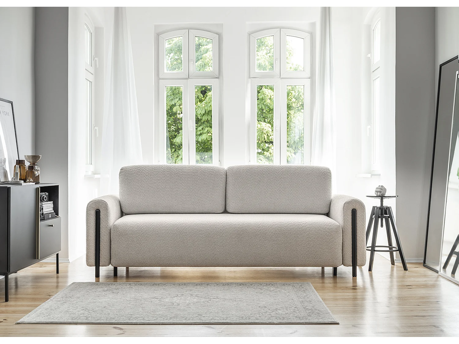 Canapé convertible en tissu bouclette DOVA - Pieds bois massif noir-Beige