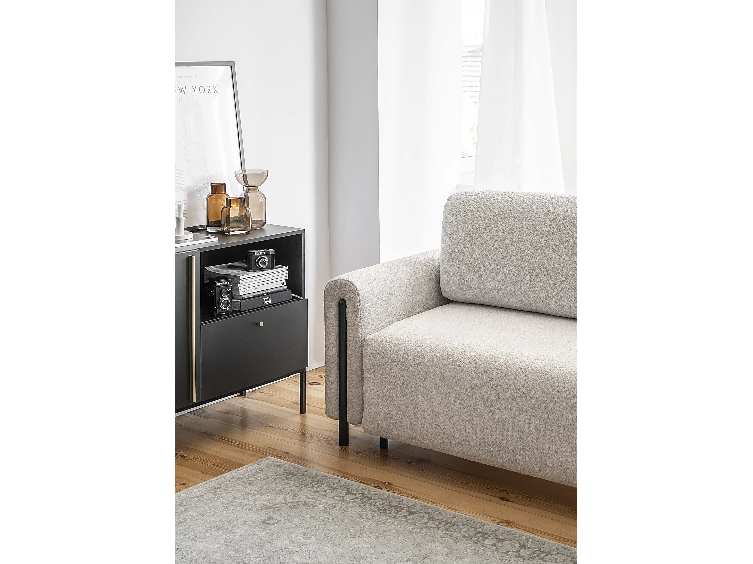 Canapé convertible 4 places en tissu bouclette DOVA - Pieds bois massif noir-Beige