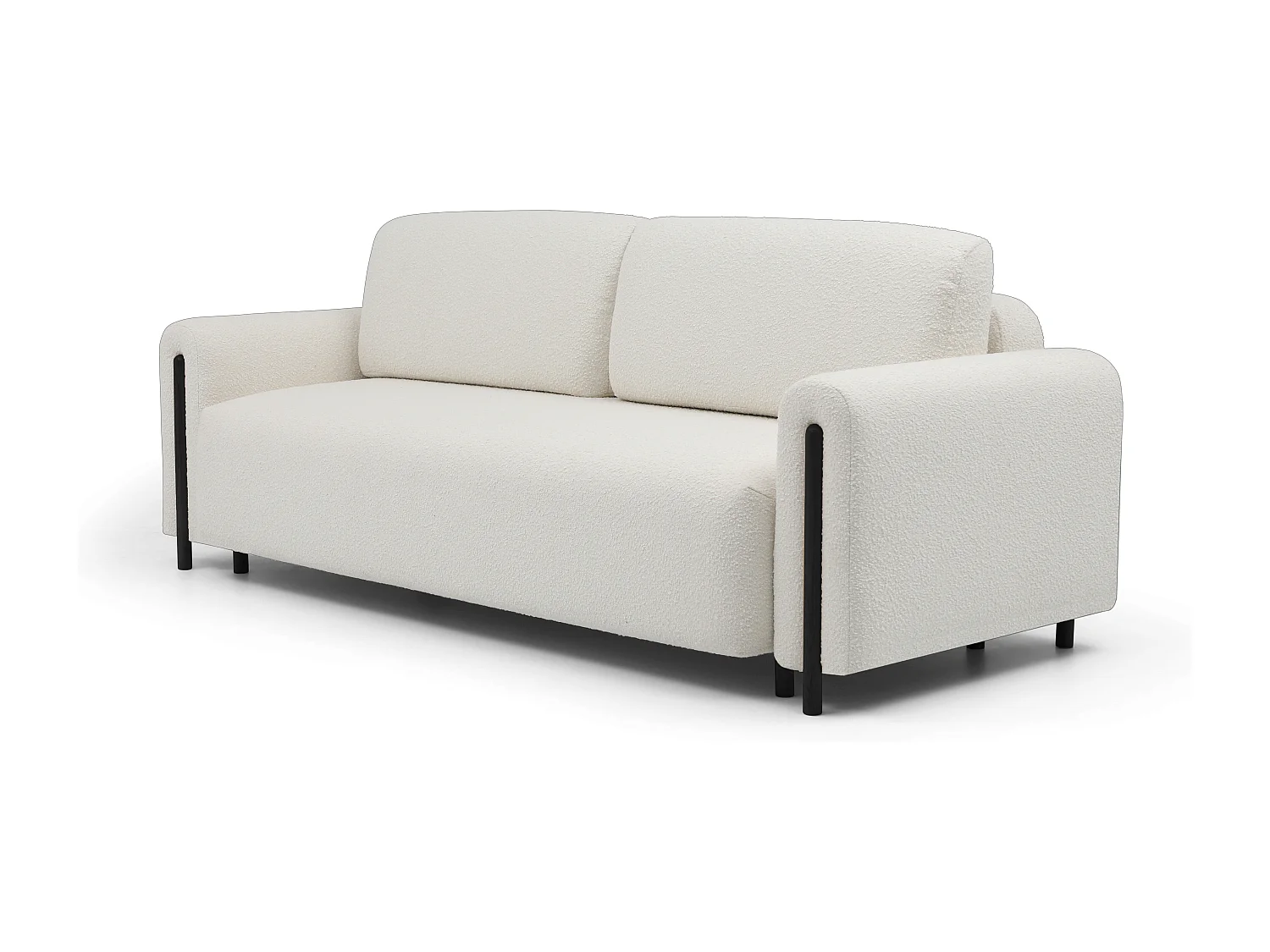 Canapé convertible en tissu bouclette DOVA - Pieds bois massif noir-Blanc cassé