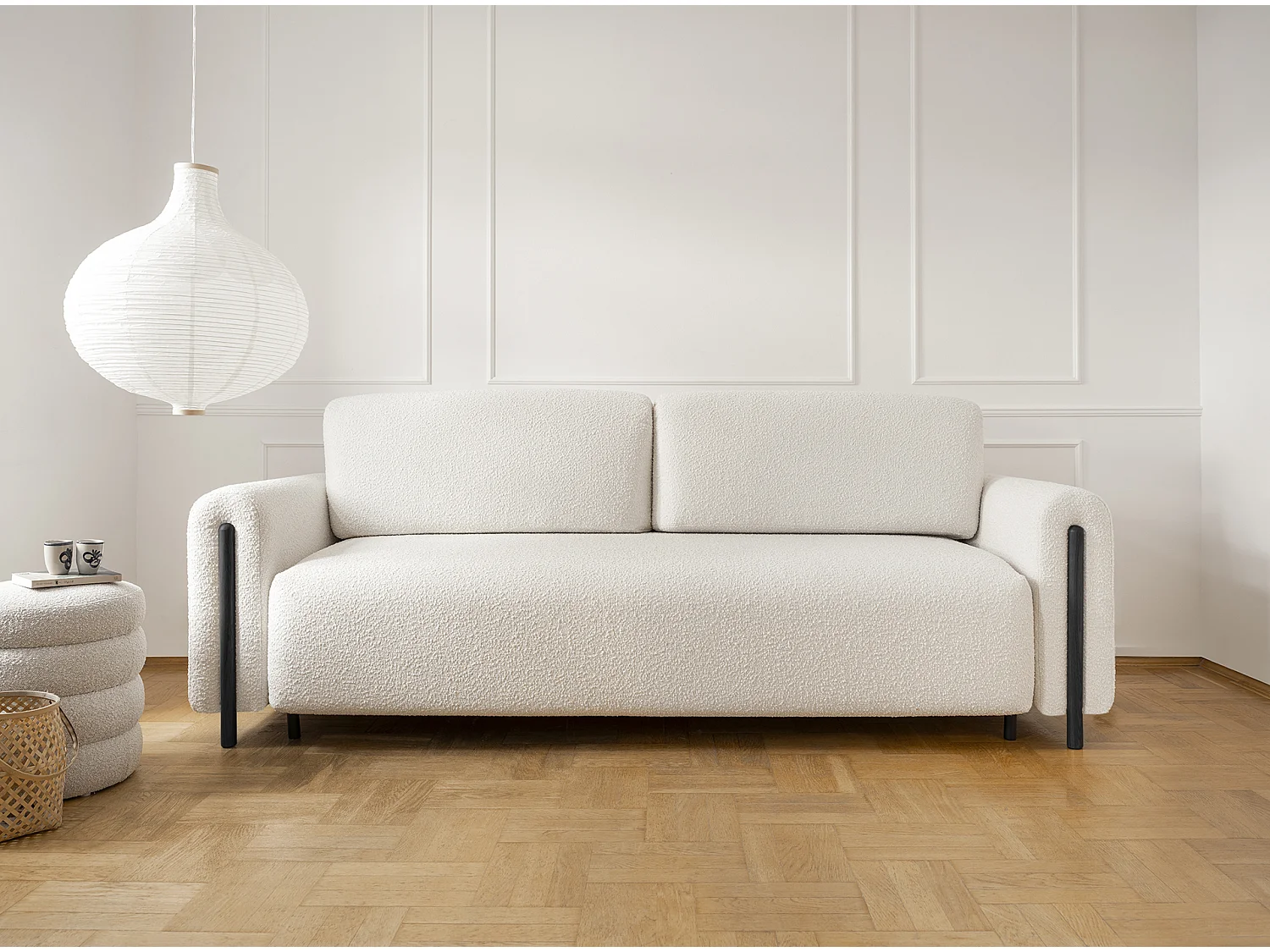 Canapé convertible 4 places en tissu bouclette DOVA - Pieds bois massif noir-Blanc cassé