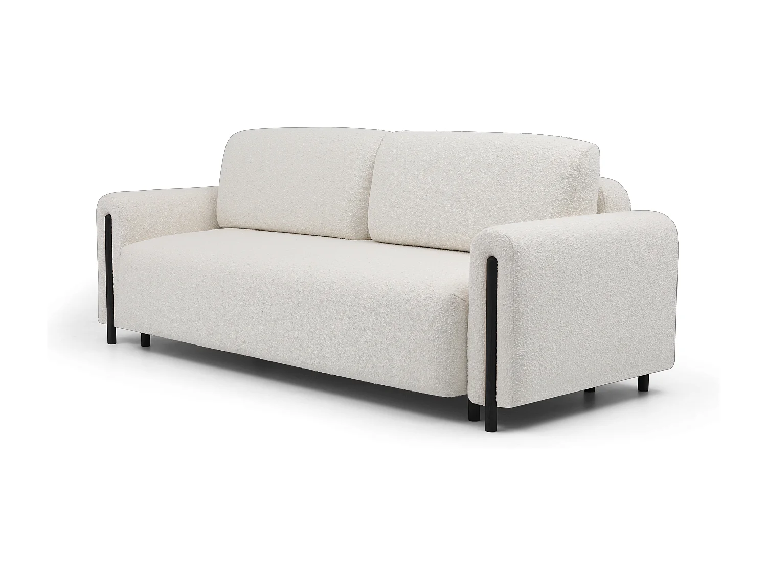 Canapé convertible 4 places en tissu bouclette DOVA - Pieds bois massif noir-Blanc cassé