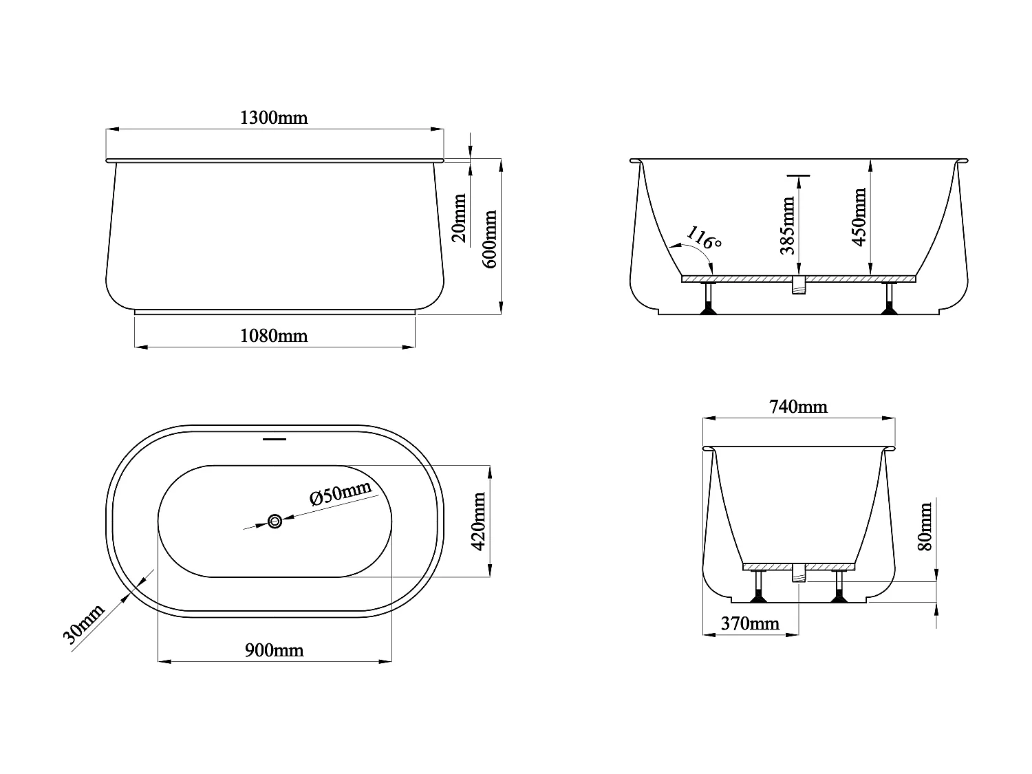 Freistehende Badewanne - Weiß matt - 130 x 74 x 60 cm - 195 L - CALDRIA