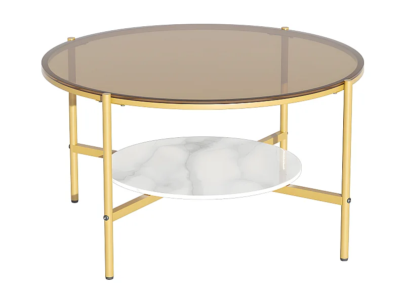 Table Basse Salon Ronde en Verre Table Meuble Dorée 80x80x47.5cm
