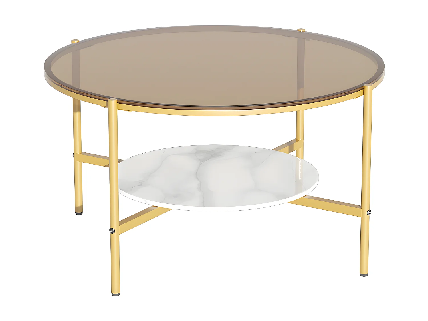 Table Basse Salon Ronde en Verre Table Meuble Dorée 80x80x47.5cm