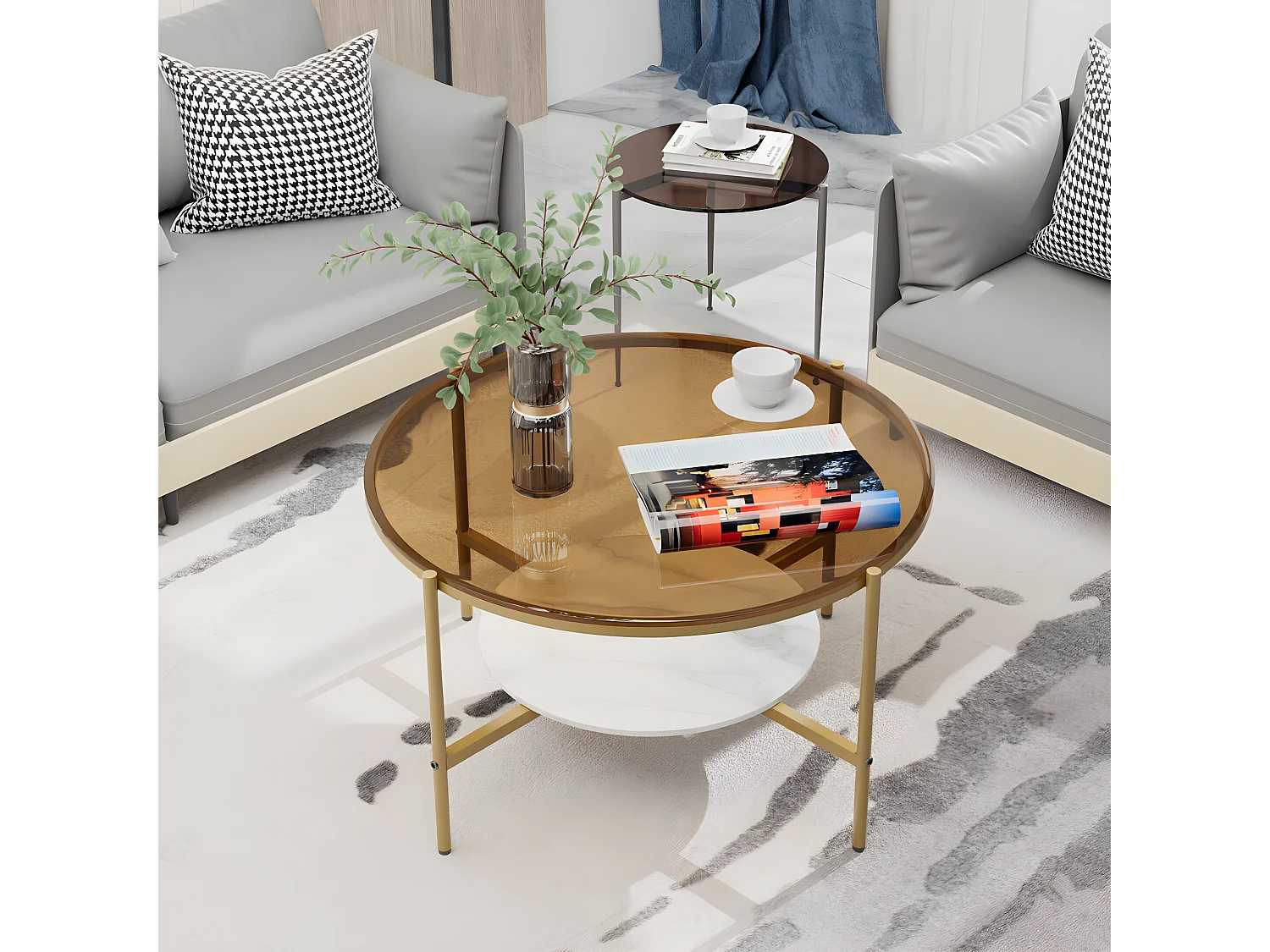 Table Basse Salon Ronde en Verre Table Meuble Dorée 80x80x47.5cm