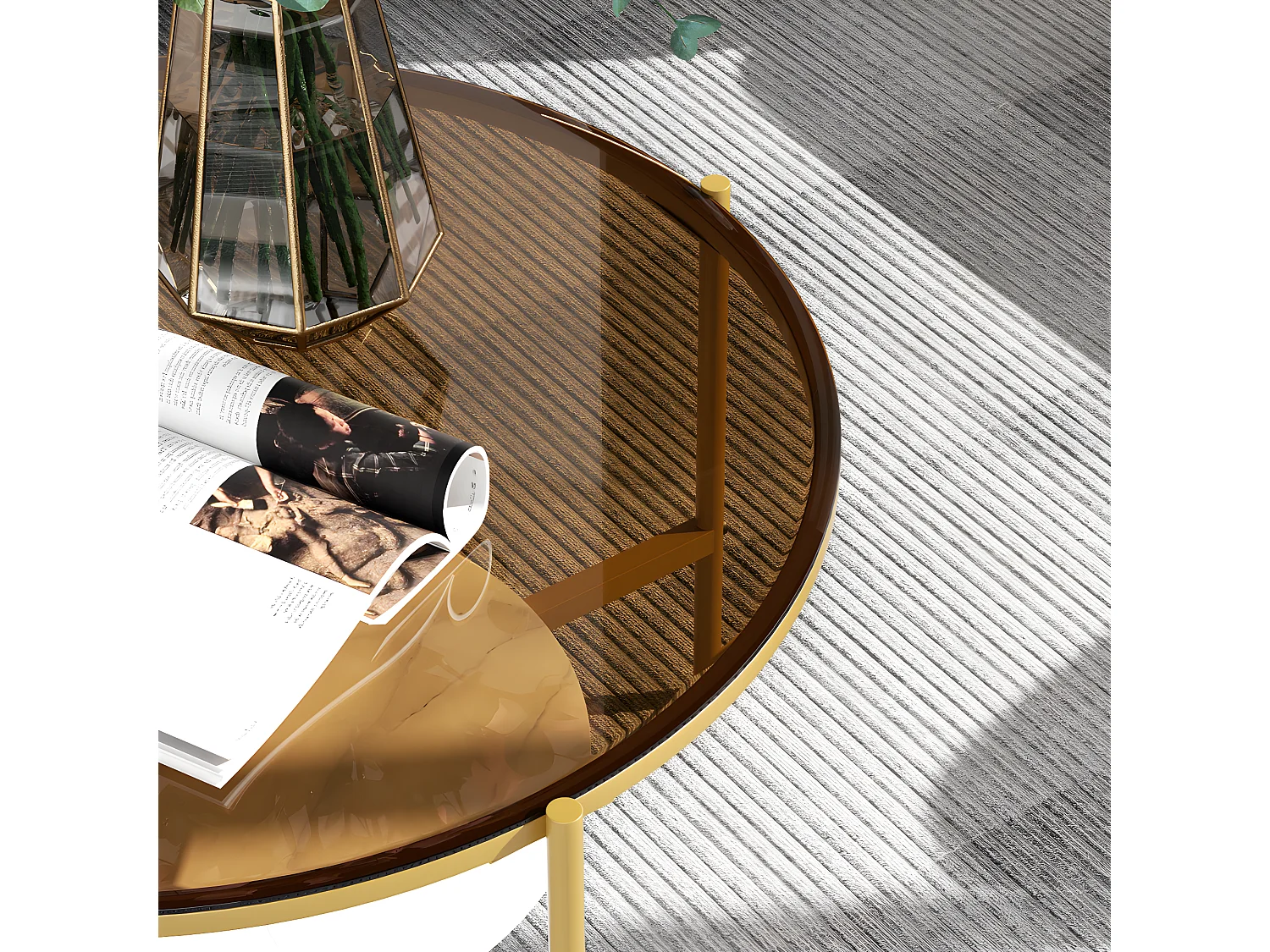 Table Basse Salon Ronde en Verre Table Meuble Dorée 80x80x47.5cm