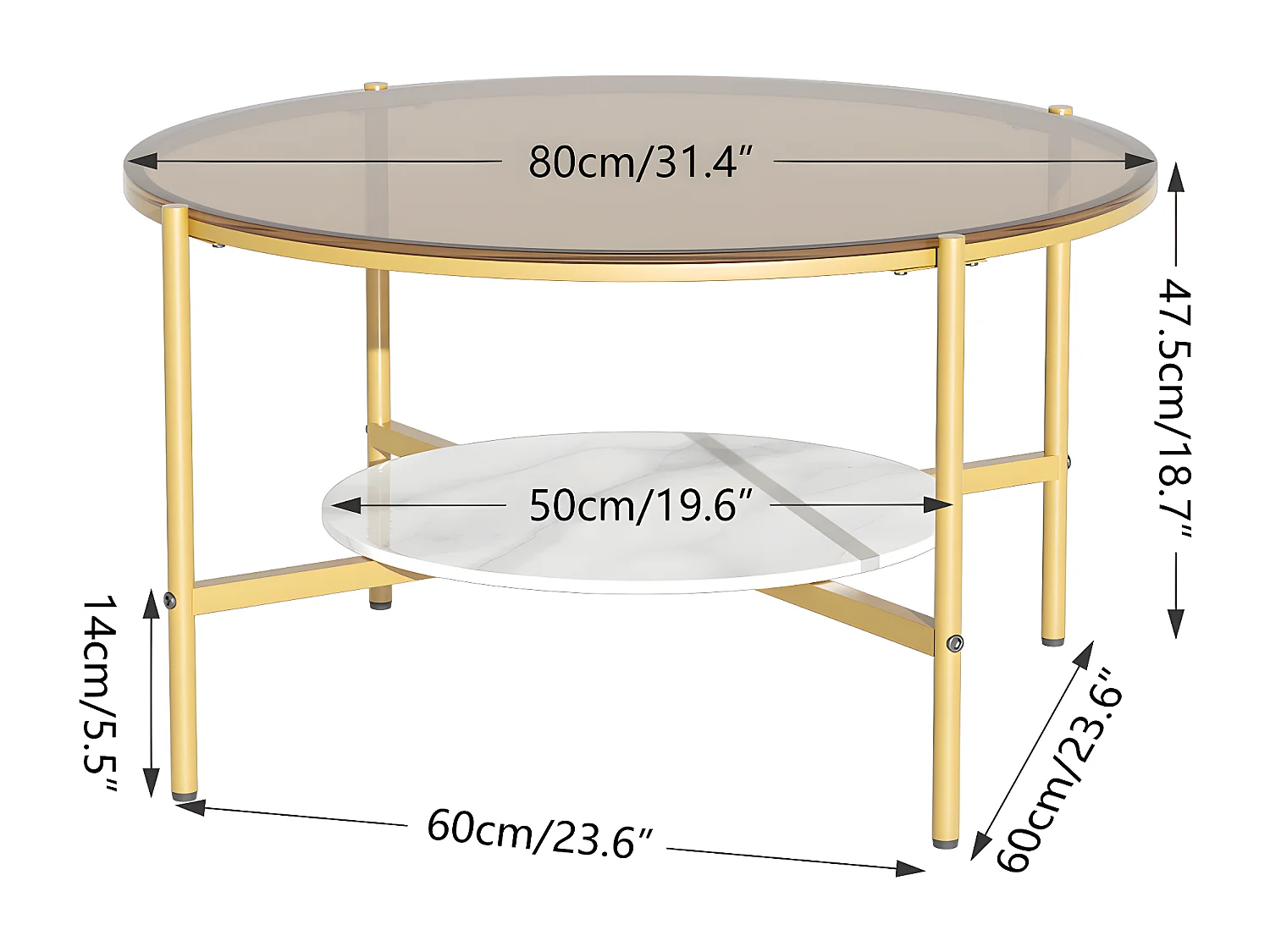 Table Basse Salon Ronde en Verre Table Meuble Dorée 80x80x47.5cm