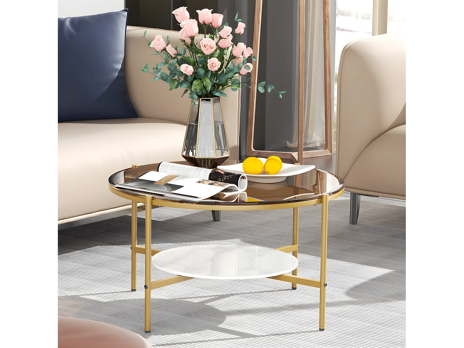 Table Basse Salon Ronde en Verre Table Meuble Dorée 80x80x47.5cm