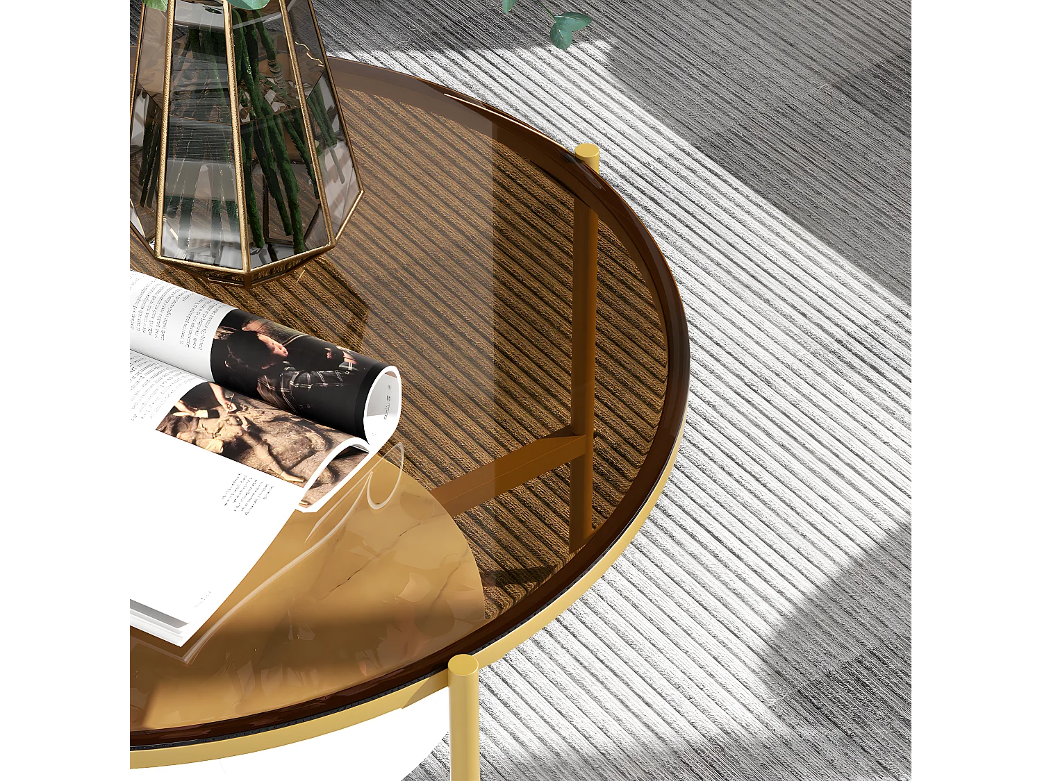 Table Basse Salon Ronde en Verre Table Meuble Dorée 80x80x47.5cm