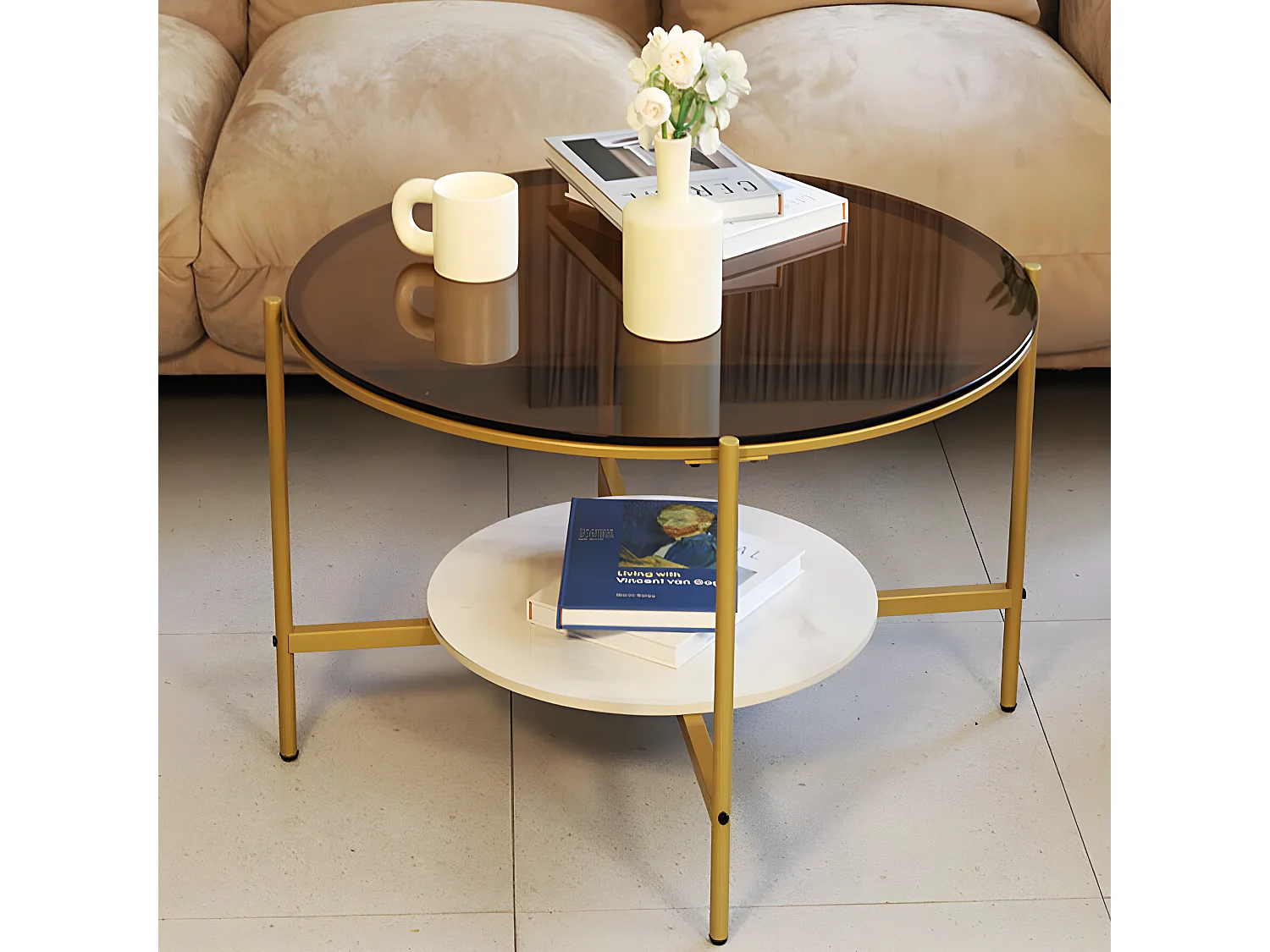 Table Basse Salon Ronde en Verre Table Meuble de Salon 80x80x47.5cm