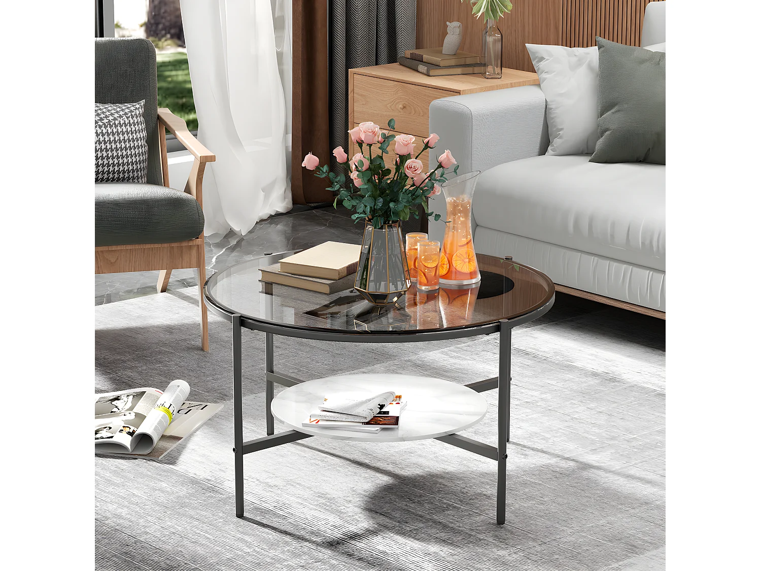 Table Basse Salon Ronde en Verre Table Meuble de Salon 80x80x47.5cm