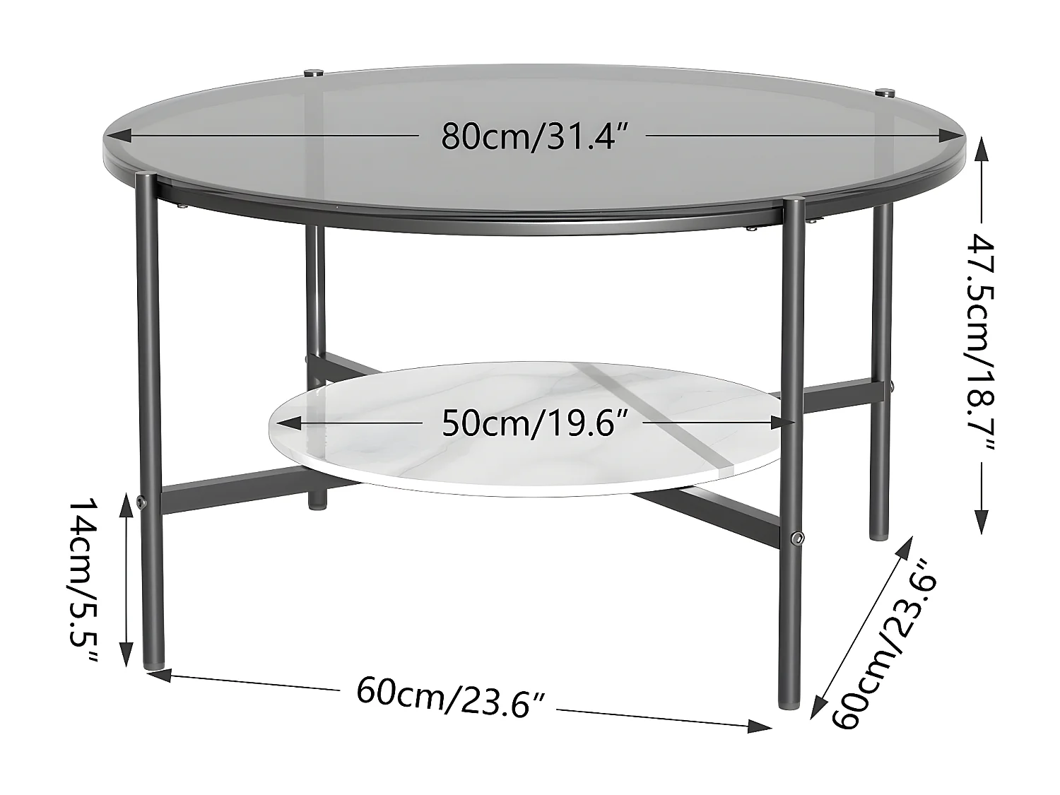 Table Basse Salon Ronde en Verre Table Meuble de Salon 80x80x47.5cm