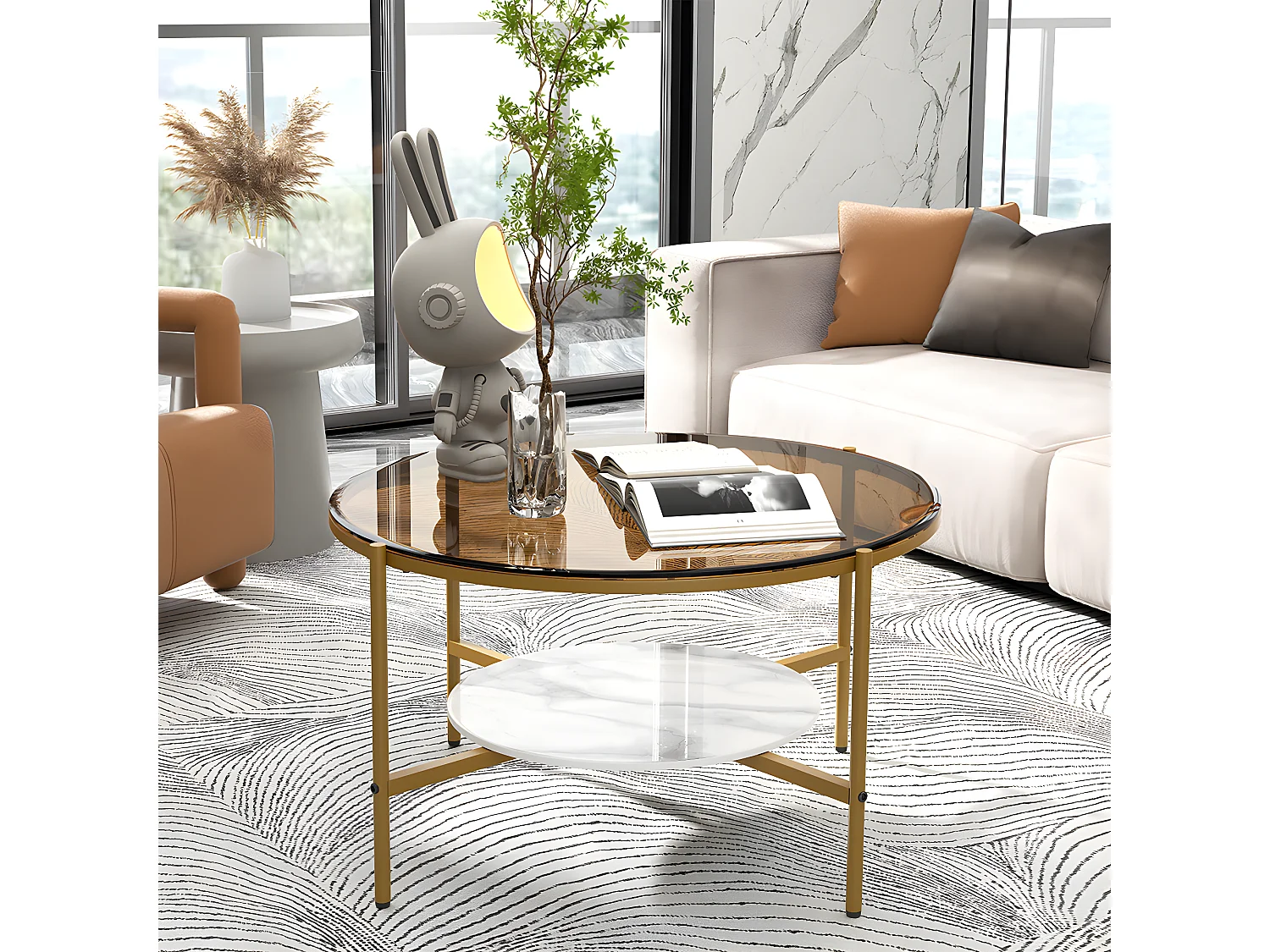 Table Basse Salon Ronde en Verre Table Meuble de Salon 80x80x47.5cm