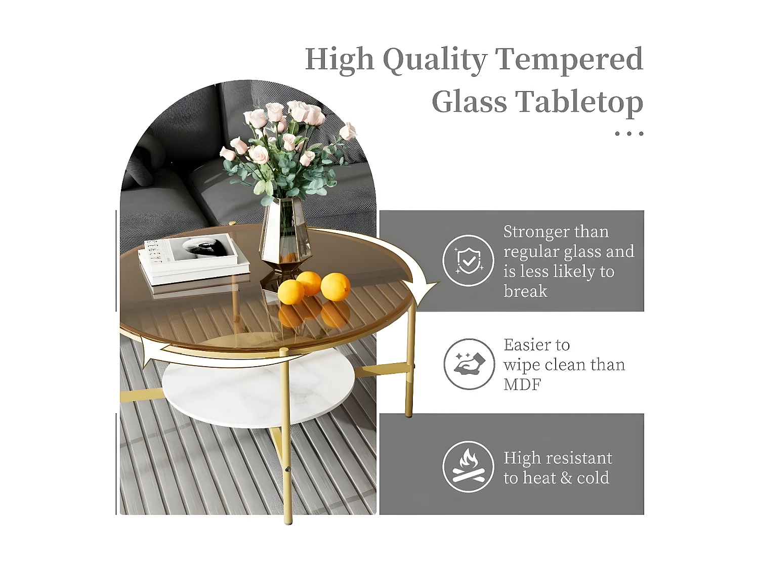 Table Basse Salon Ronde en Verre Table Meuble de Salon 80x80x47.5cm