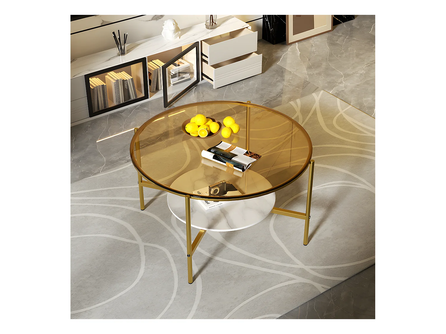Table Basse Salon Ronde en Verre Table Meuble de Salon 80x80x47.5cm