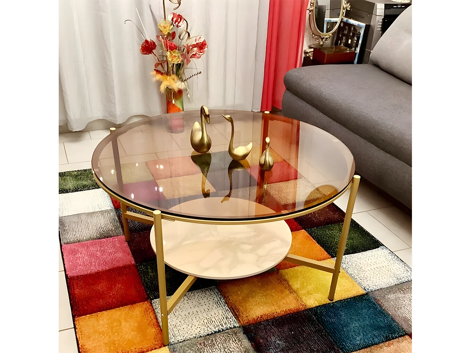 Table Basse Salon Ronde en Verre Table Meuble de Salon 80x80x47.5cm