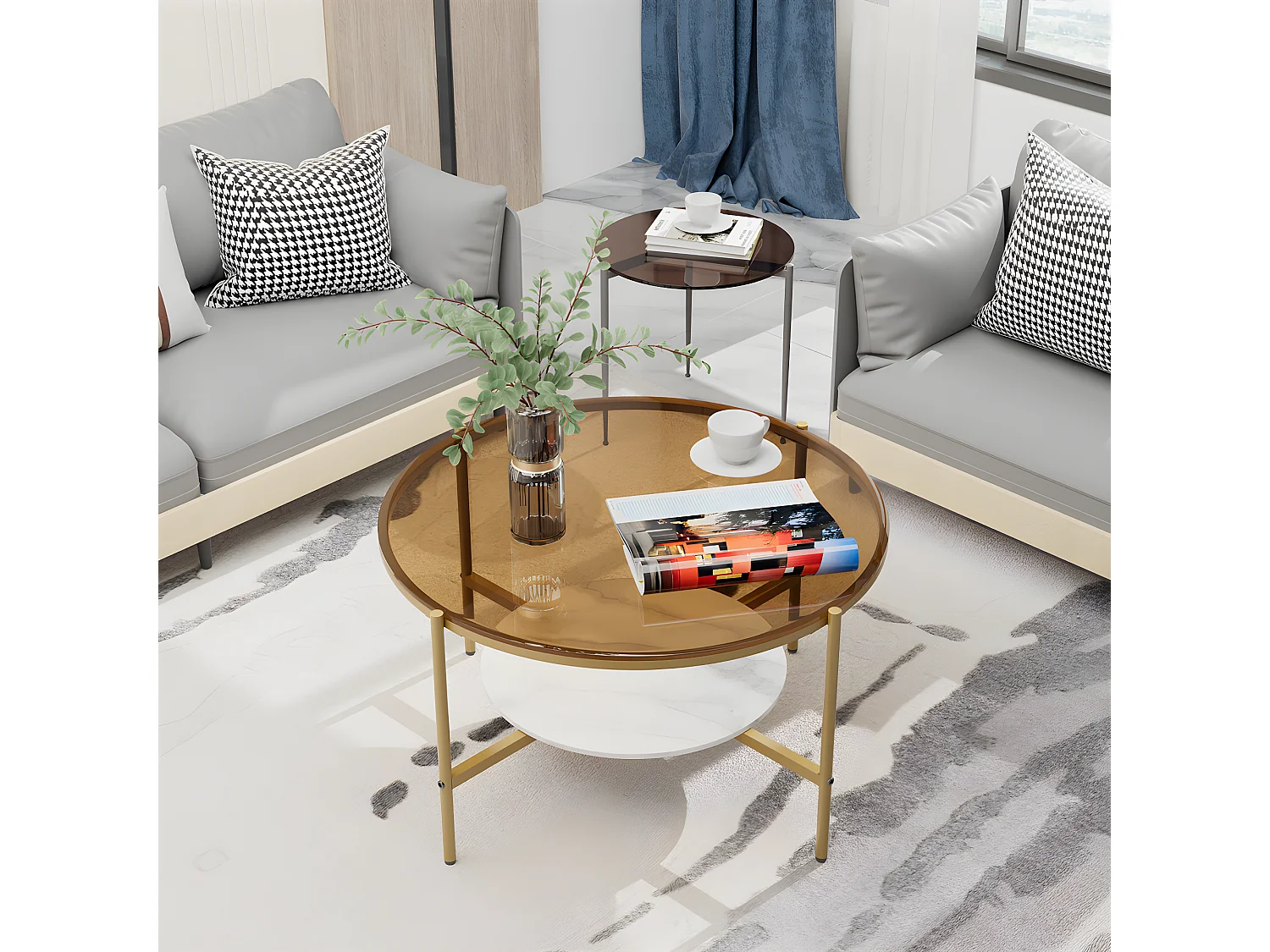 Table Basse Salon Ronde en Verre Table Meuble de Salon 80x80x47.5cm