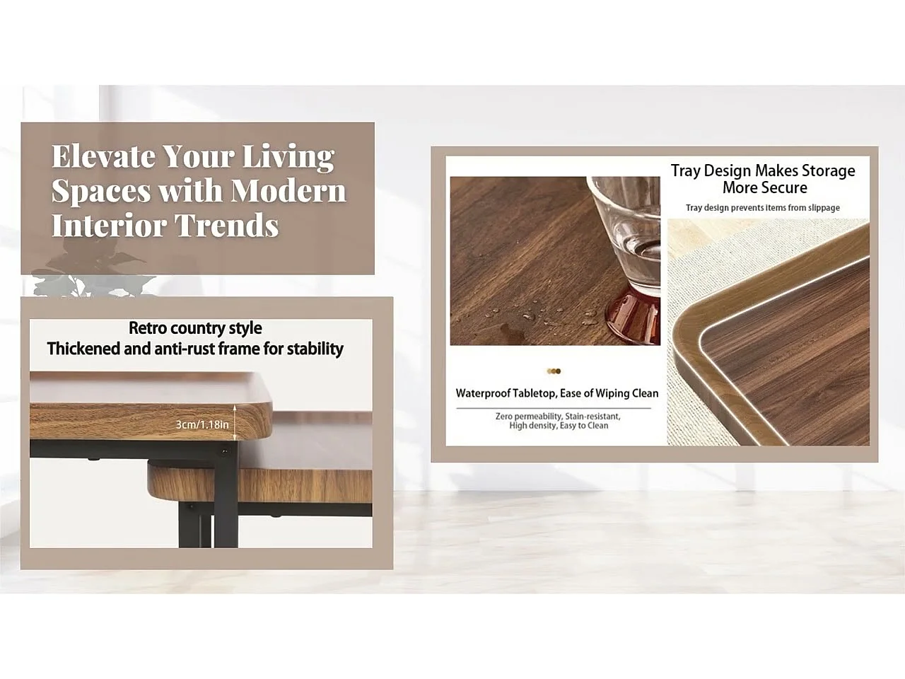 Lot de 2 Tables Basses Gigognes Bois Salon Table Basse Structure en Métal