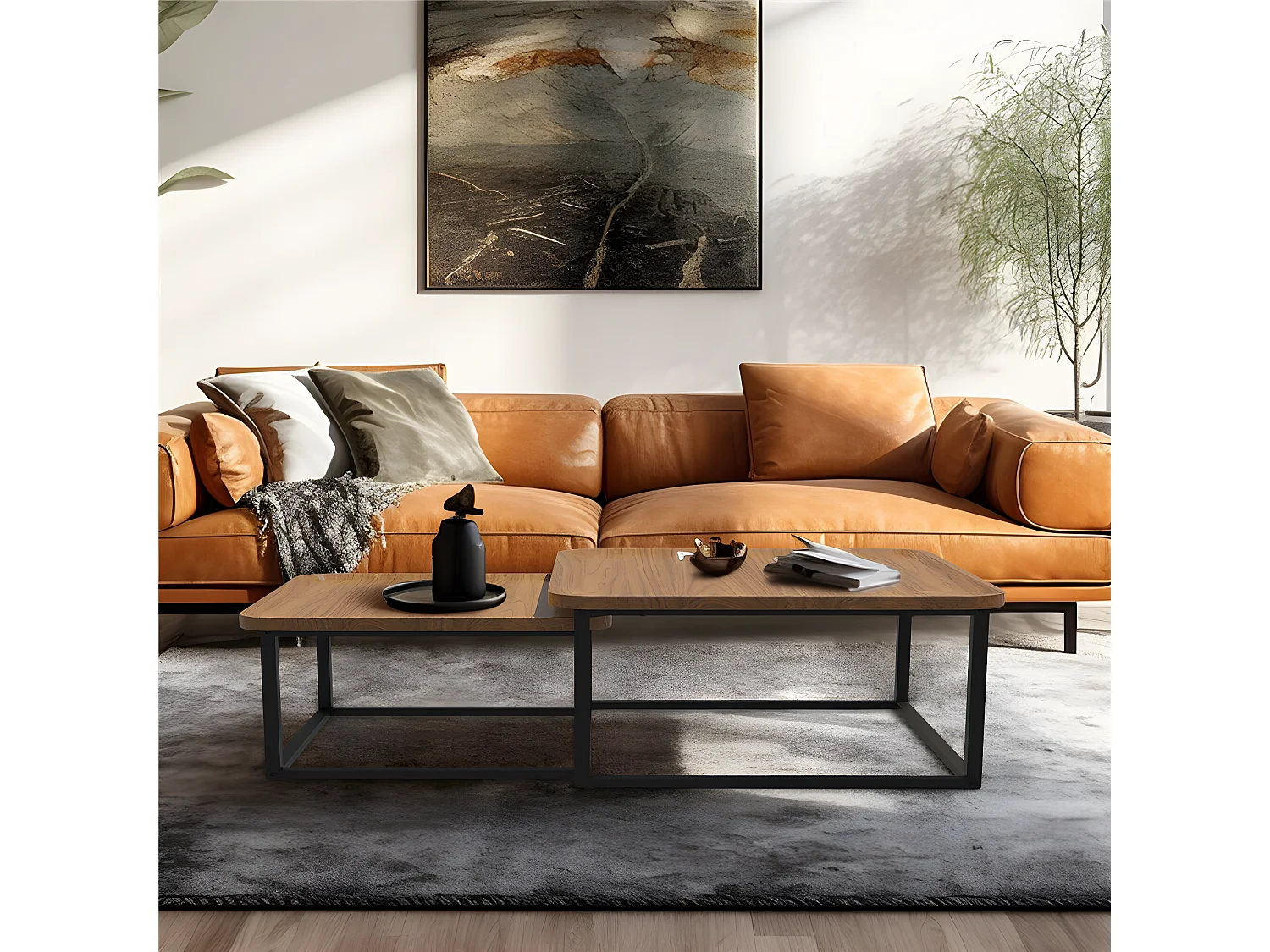 Lot de 2 Tables Basses Gigognes Bois Salon Table Basse Structure en Métal