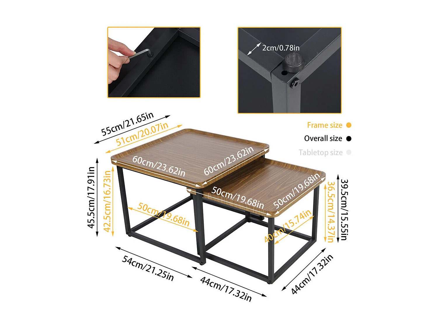 Lot de 2 Tables Basses Gigognes Bois Salon Table Basse Structure en Métal