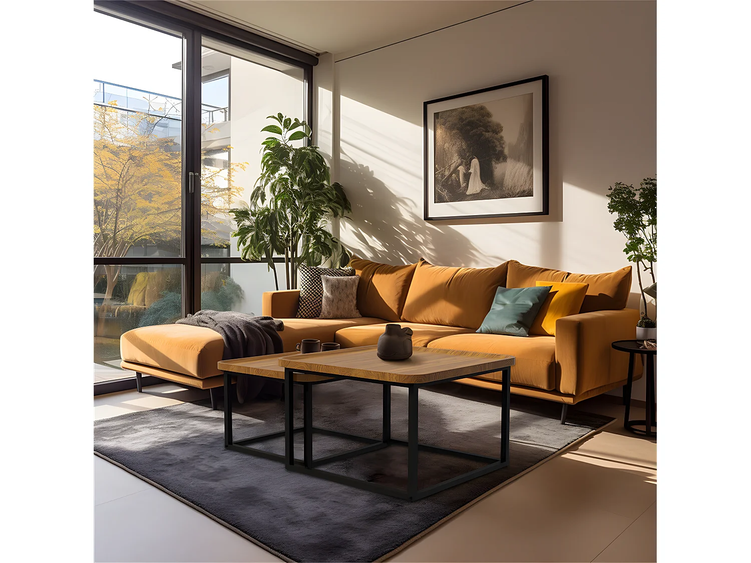 Lot de 2 Tables Basses Gigognes Bois Salon Table Basse Structure en Métal