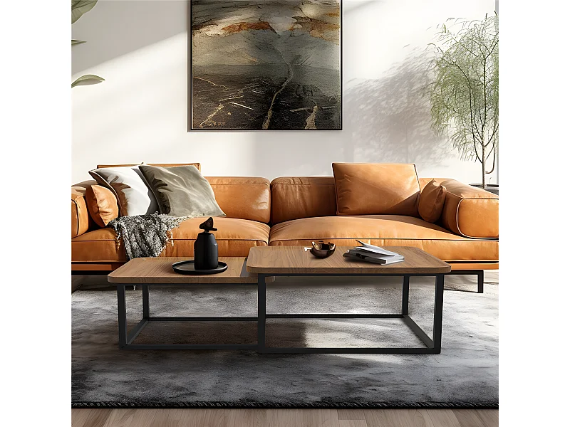 Lot de 2 Tables Basses Gigognes Bois Salon Table Basse Structure en Métal