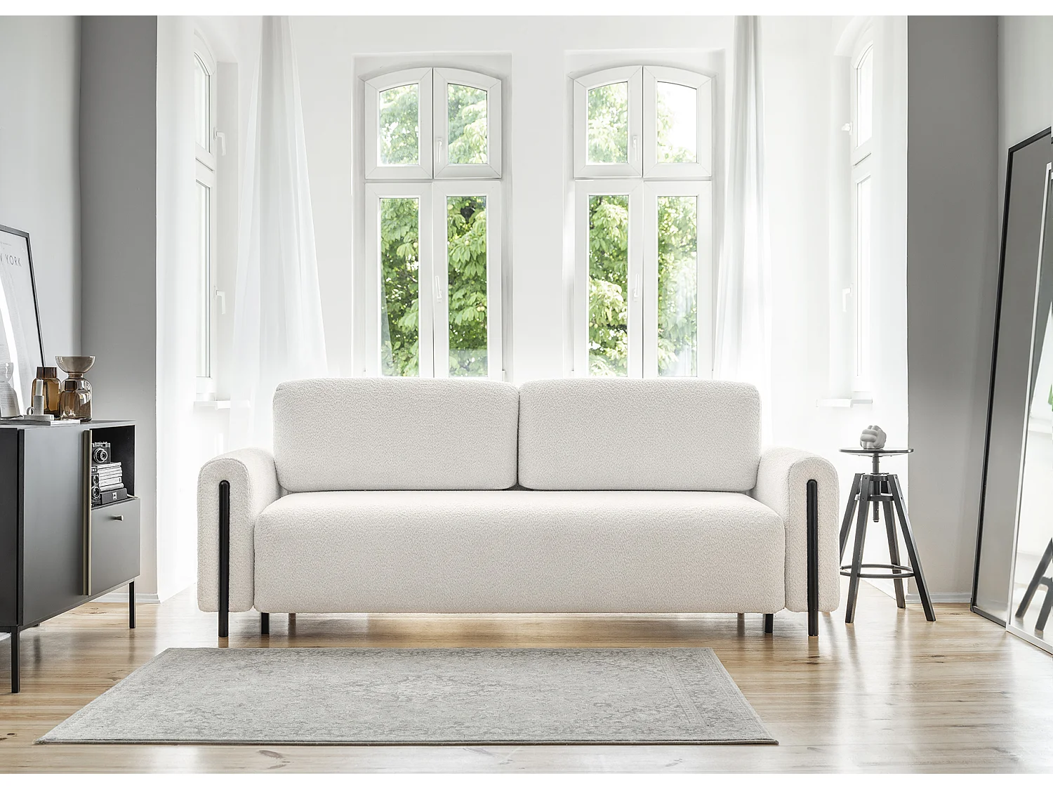 Canapé convertible en tissu bouclette DOVA - Pieds bois massif noir-Blanc