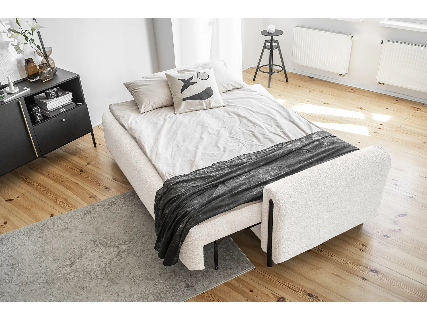 Canapé convertible en tissu bouclette DOVA - Pieds bois massif noir-Blanc