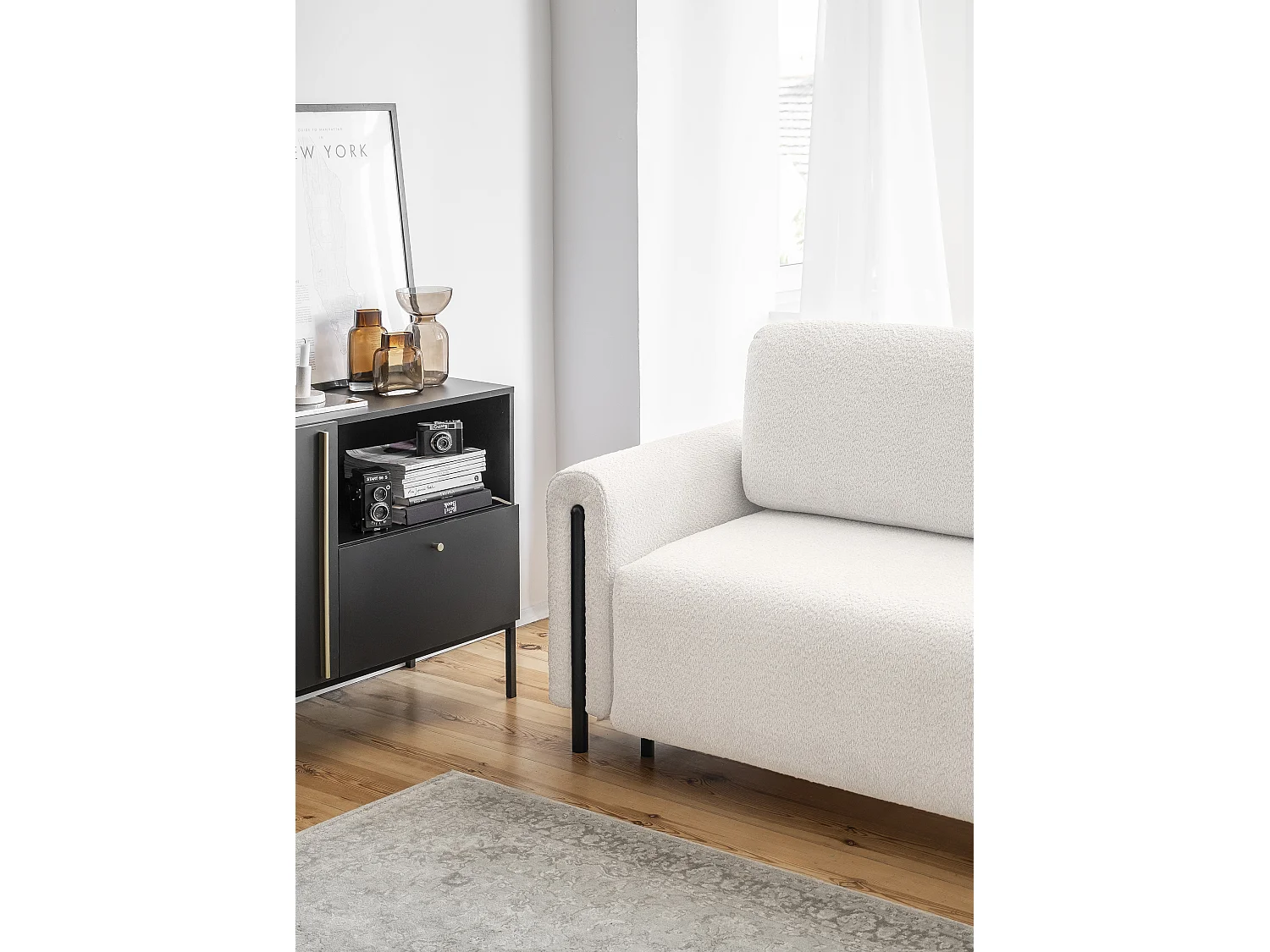 Canapé convertible en tissu bouclette DOVA - Pieds bois massif noir-Blanc