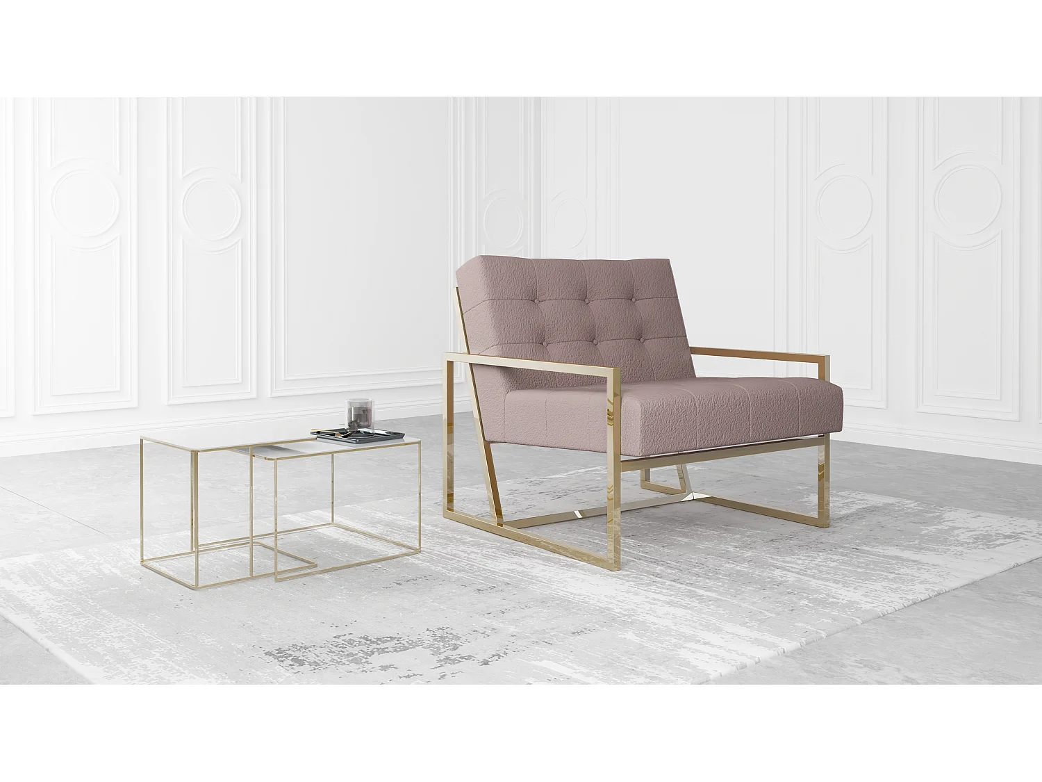 Zoey Loungesessel mit Goldenen Füßen aus Bouclé-Stoff