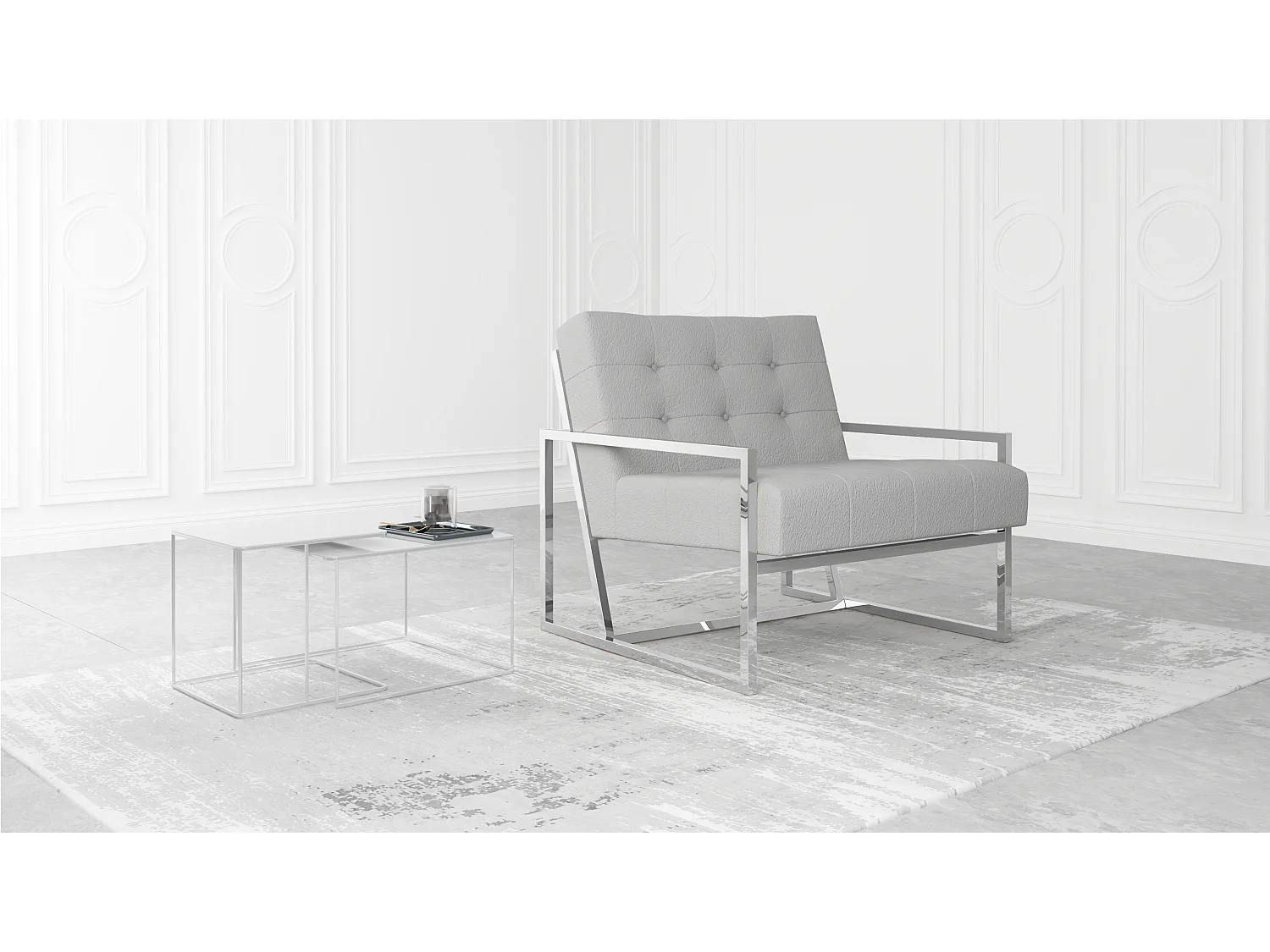 Zoey Loungesessel mit Silber Füßen aus Bouclé-Stoff