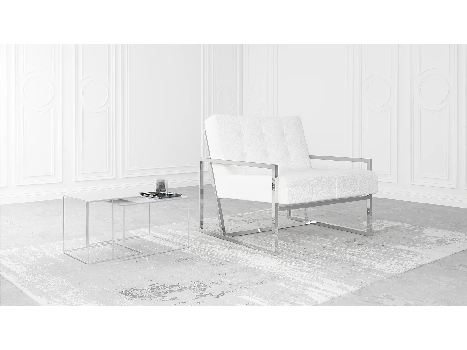 Zoey Loungesessel mit Silber Füßen aus Bouclé-Stoff