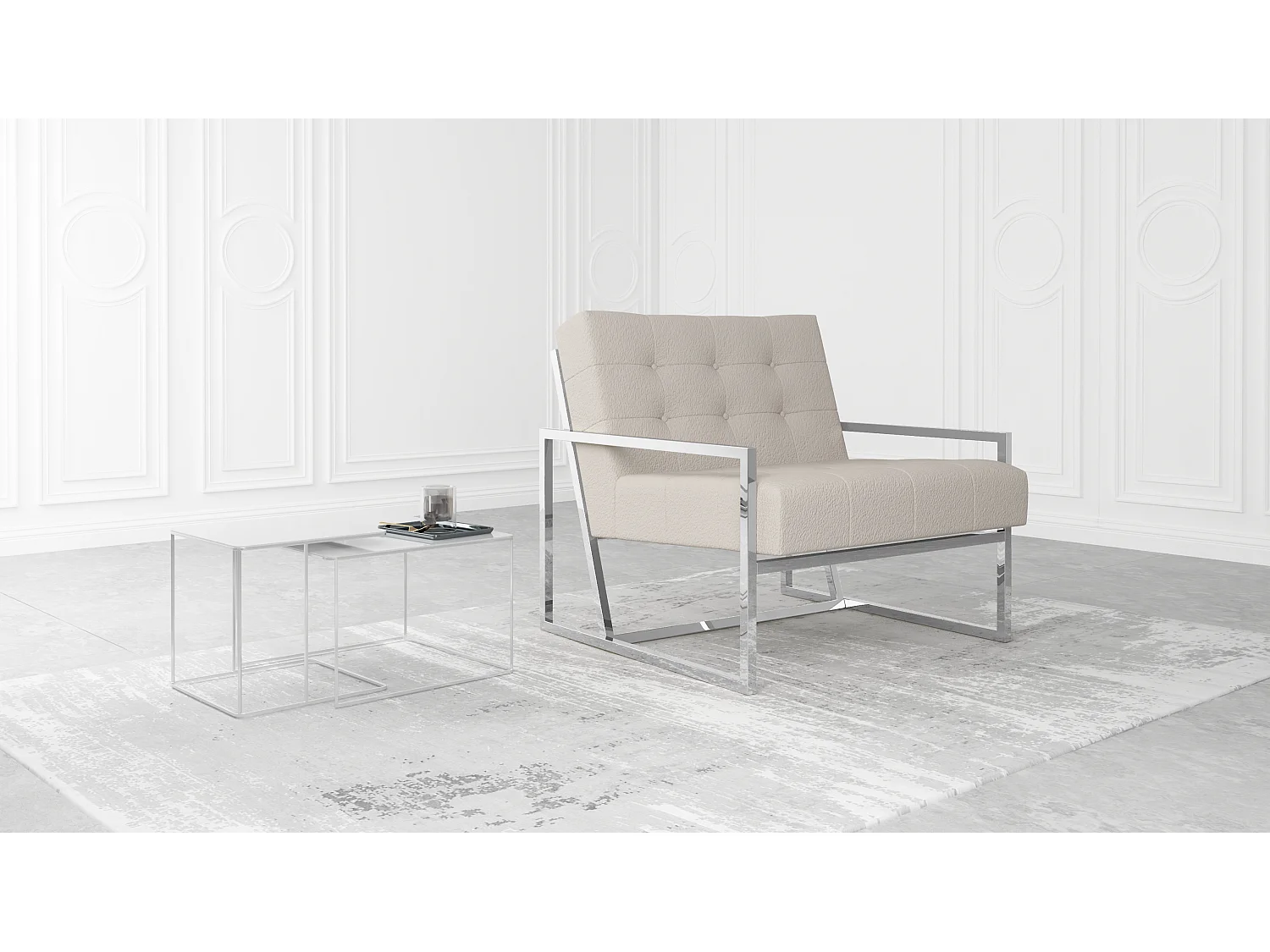 Zoey Loungesessel mit Silber Füßen aus Bouclé-Stoff