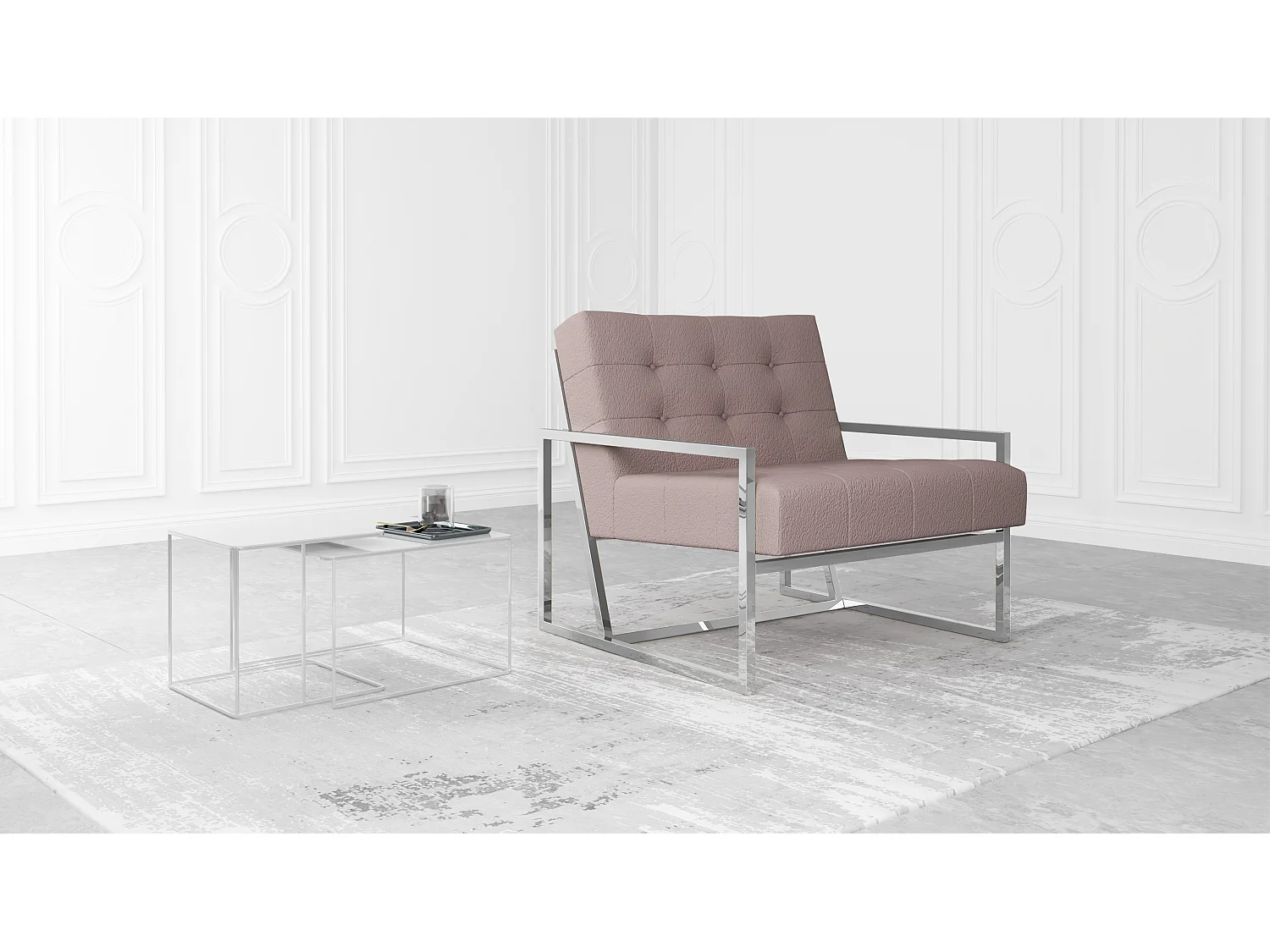 Zoey Loungesessel mit Silber Füßen aus Bouclé-Stoff