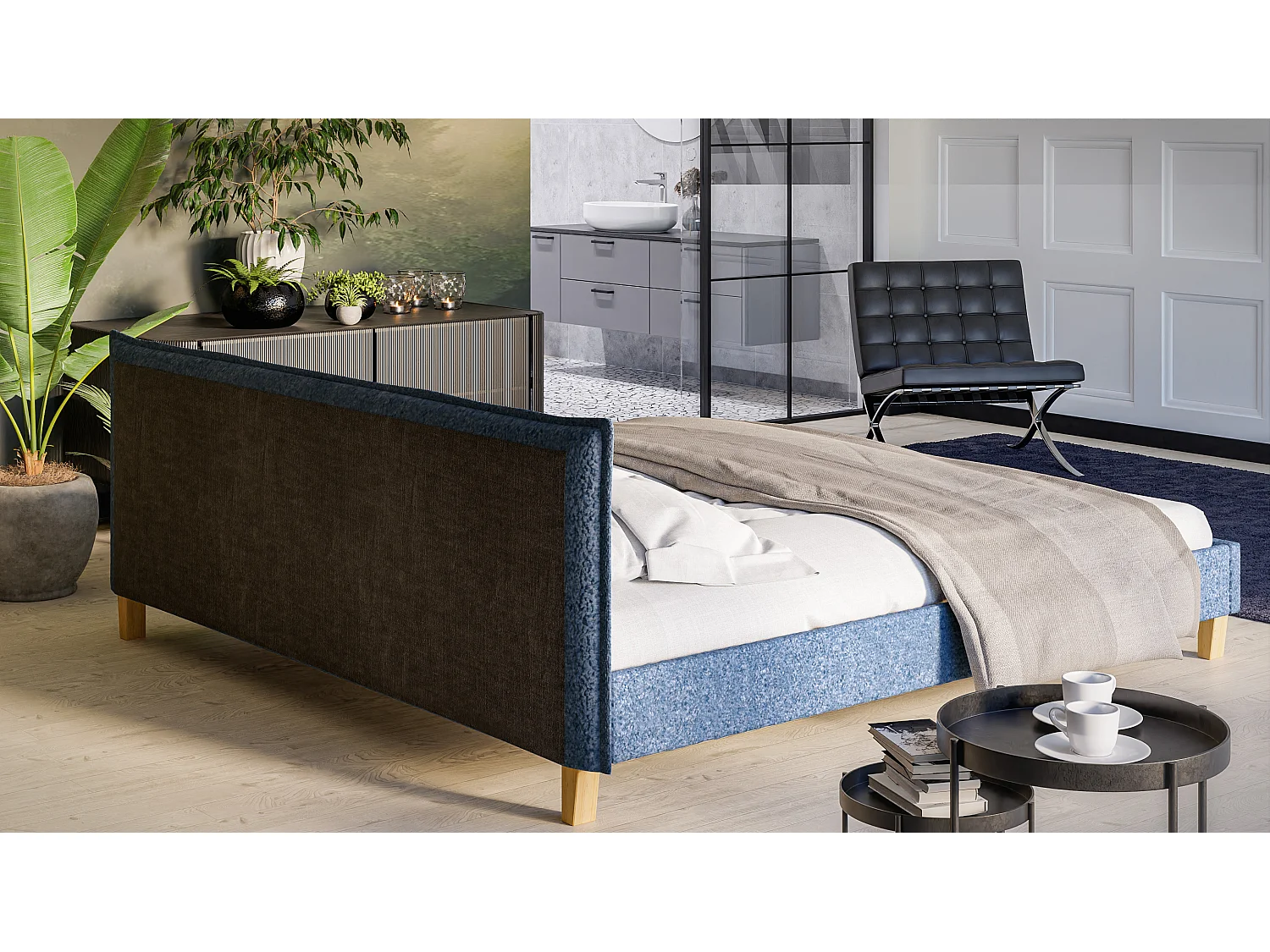 Polsterbett Uriah Boucle Stoff Füße aus Massivholz