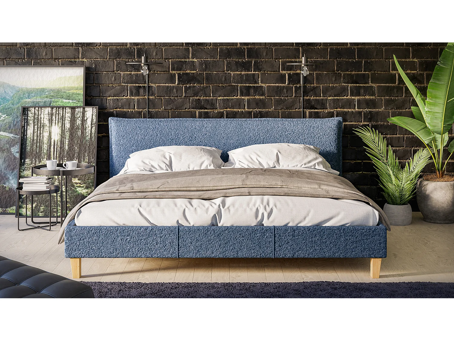 Polsterbett Uriah Boucle Stoff Füße aus Massivholz
