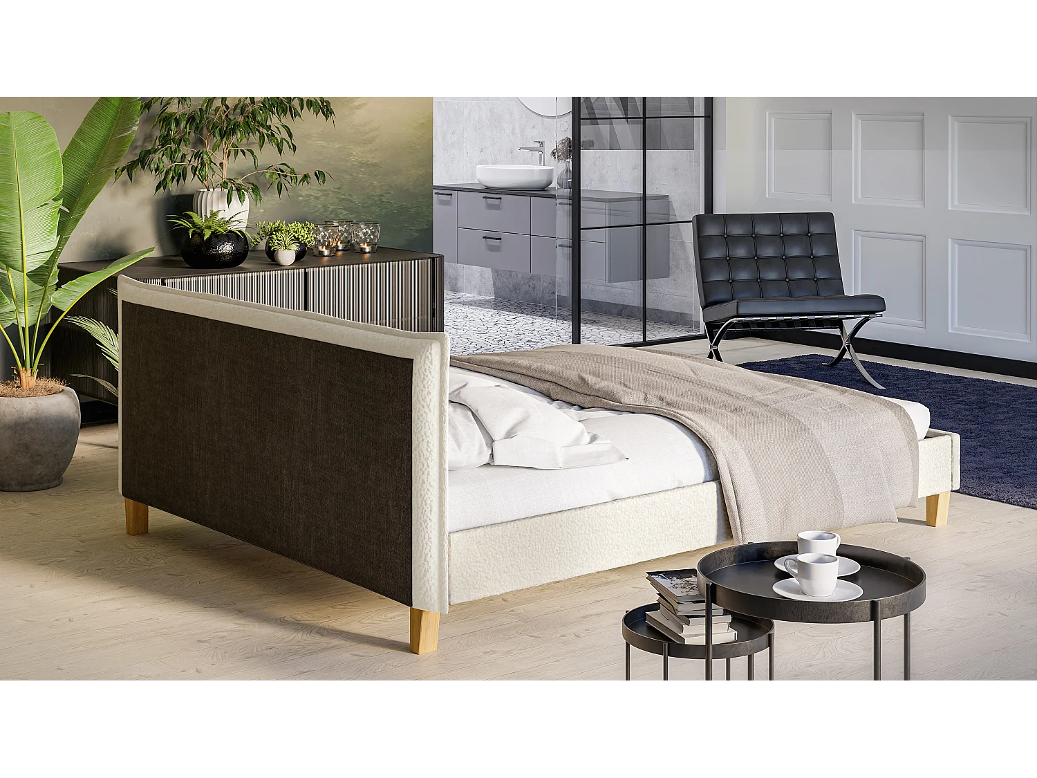 Polsterbett Uriah Boucle Stoff Füße aus Massivholz