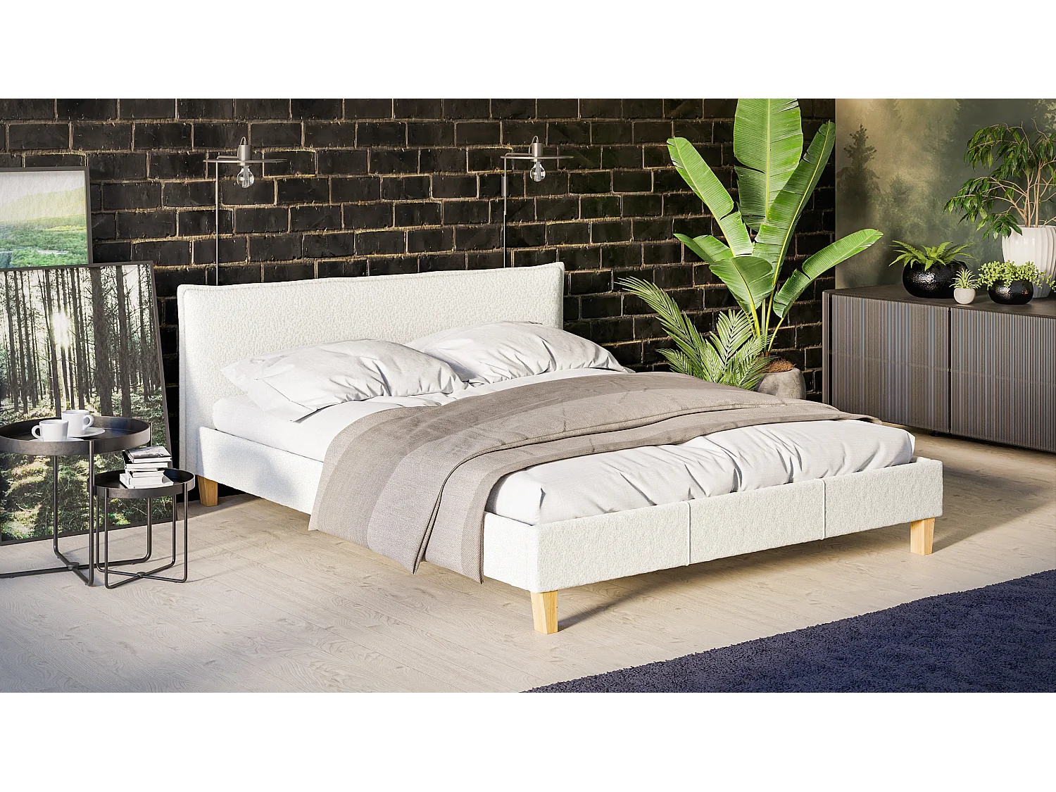 Polsterbett Uriah Boucle Stoff Füße aus Massivholz