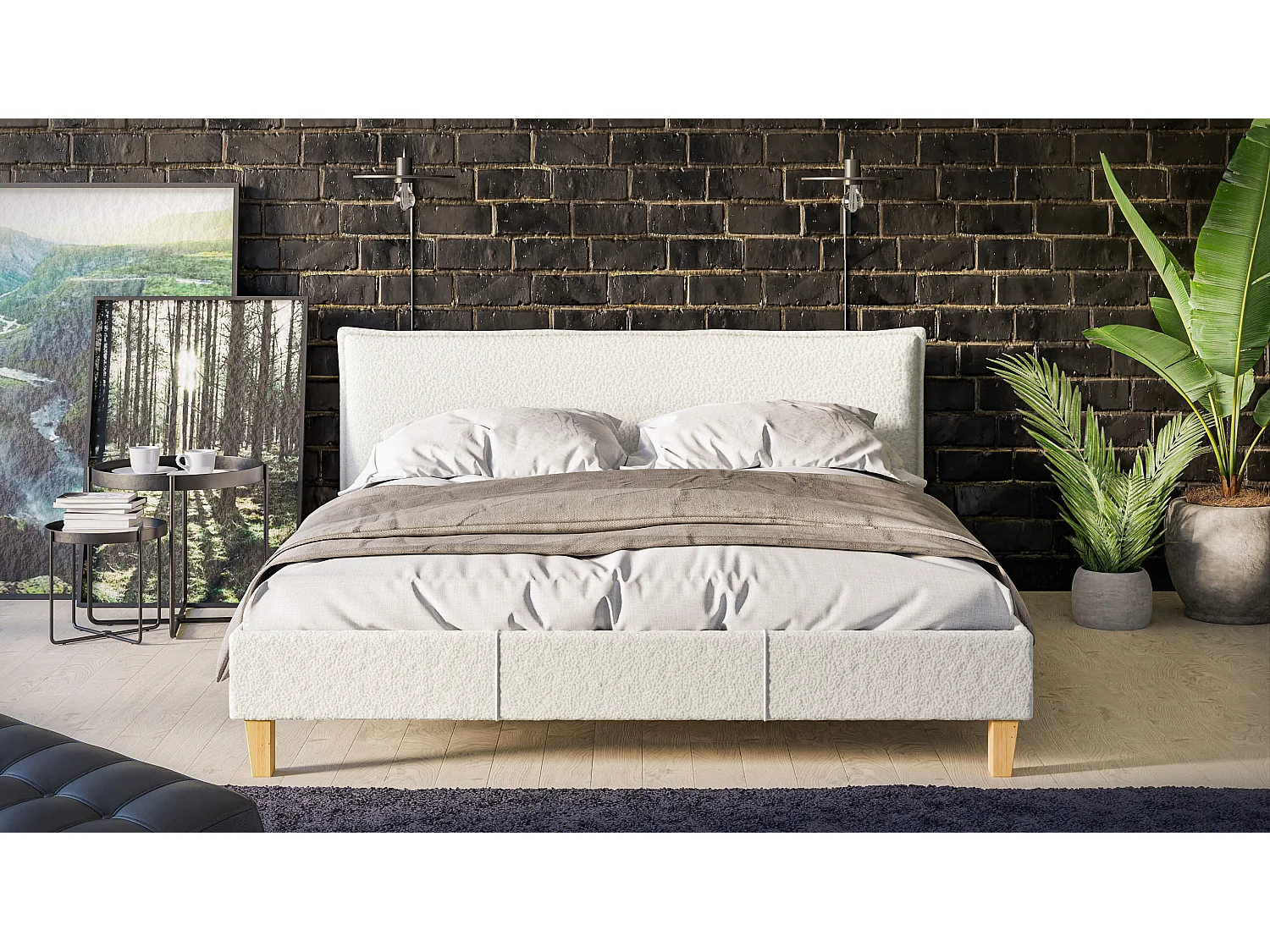 Polsterbett Uriah Boucle Stoff Füße aus Massivholz