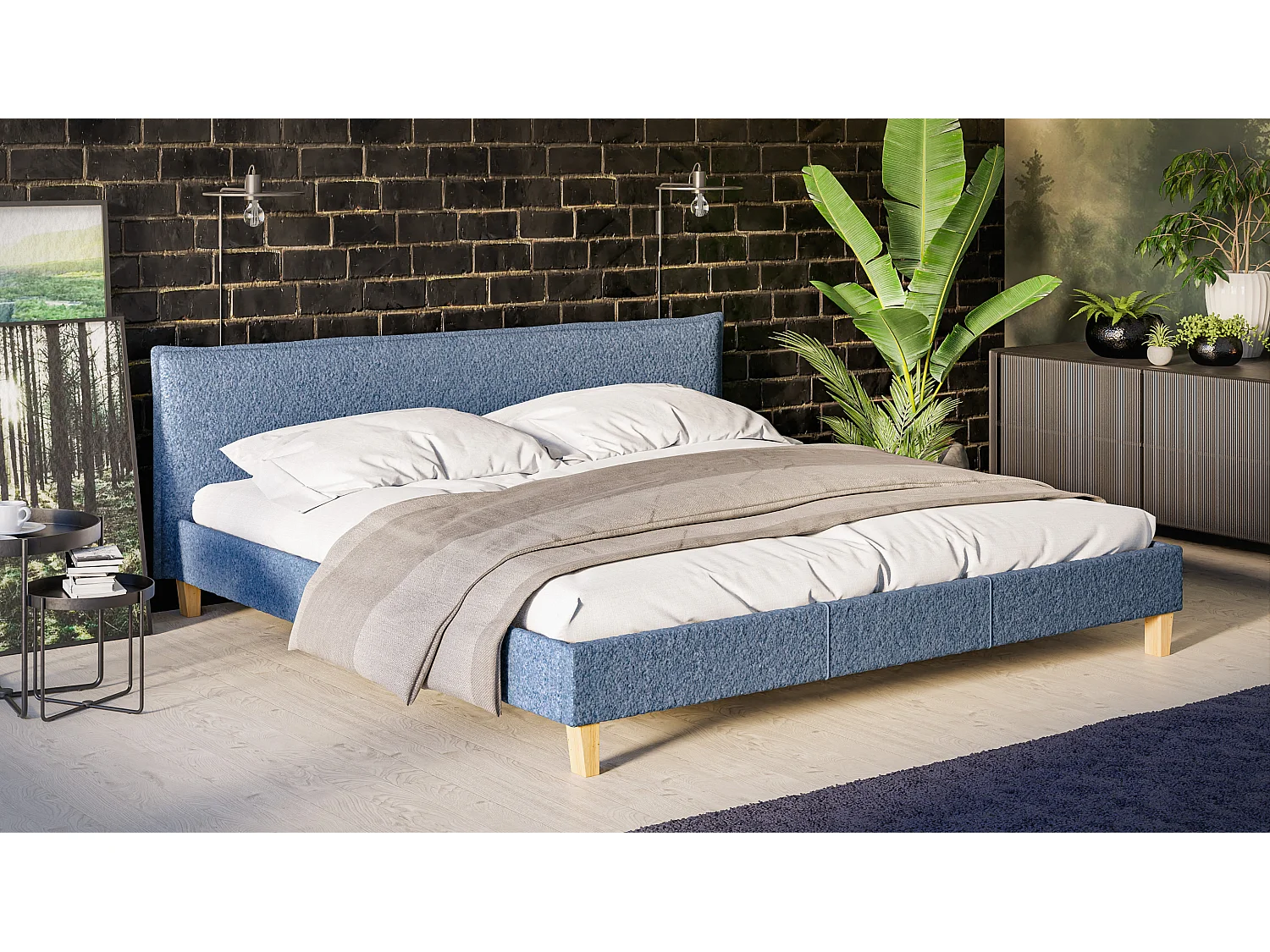 Polsterbett Uriah Boucle Stoff Füße aus Massivholz