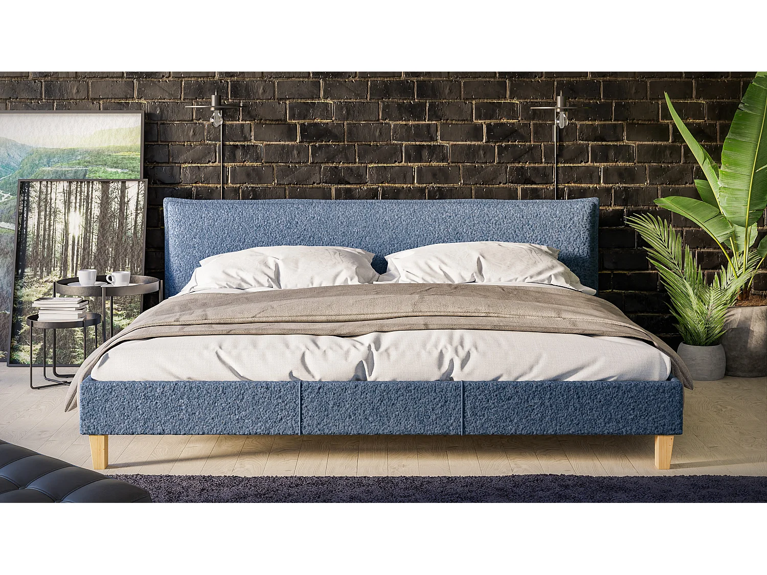 Polsterbett Uriah Boucle Stoff Füße aus Massivholz