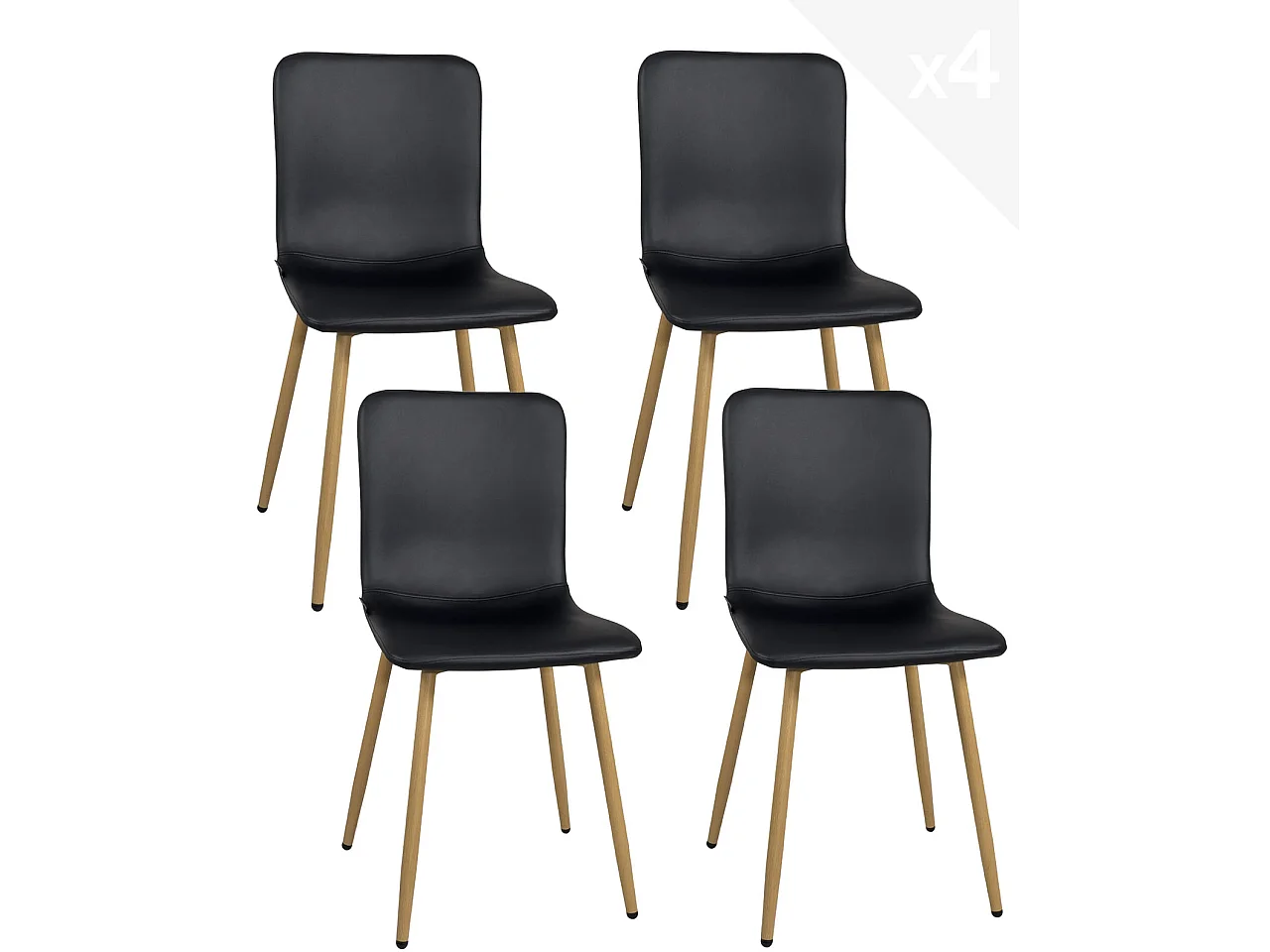 Lote de 4 sillas para salón comedor, asiento de cuero sintético negro acolchado, patas de metal con efecto madera clara POLI (negro)