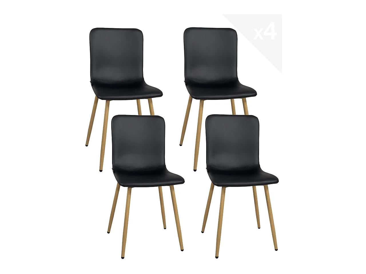 Lot 4 chaises de salle à manger simili cuir noir rembourré pieds métal ton bois clair POLI (noir)