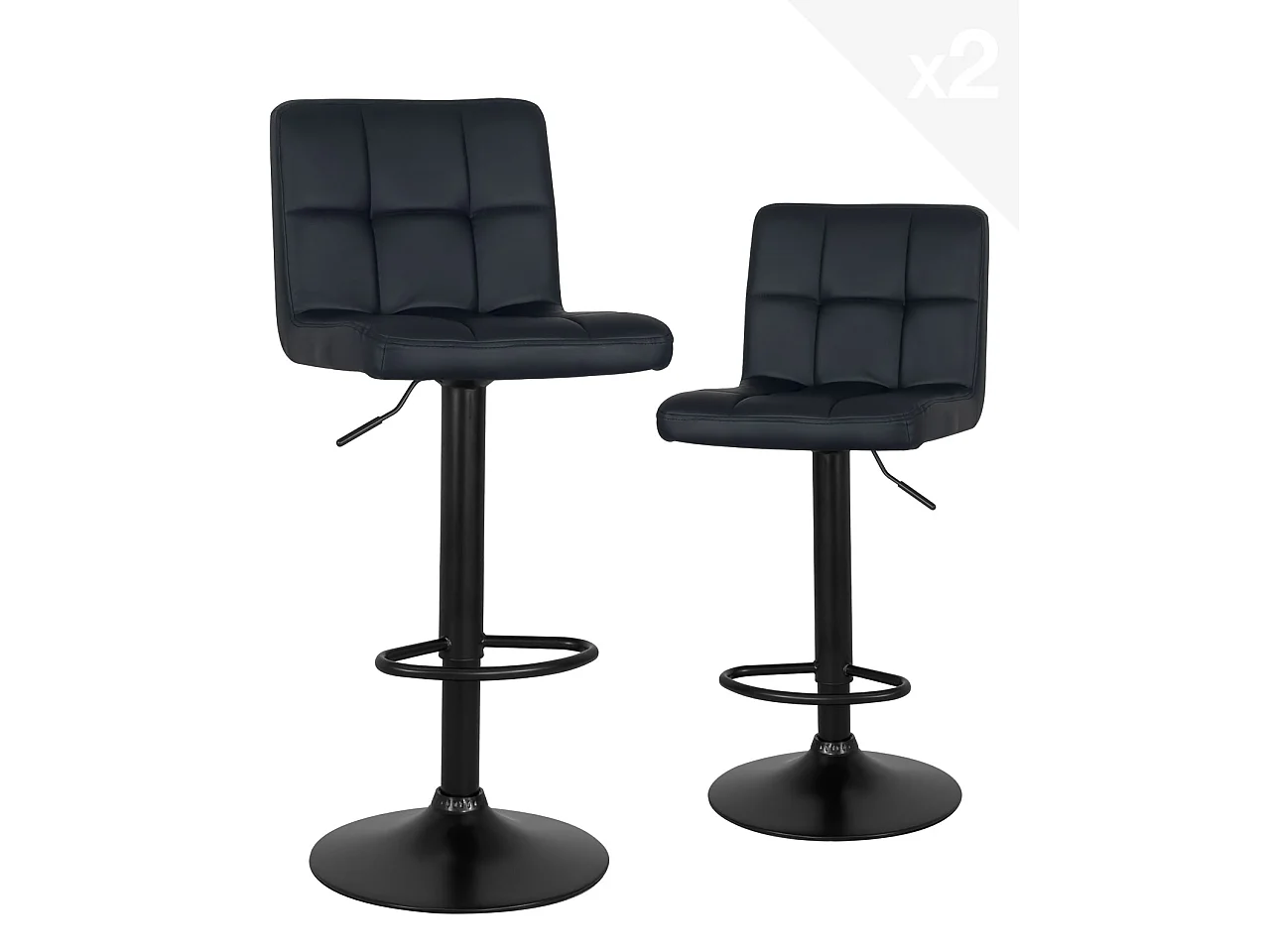 Lot 2 chaises de bar simili cuir matelassé rembourré hauteur réglable pivotant SIVAN (noir intégral)