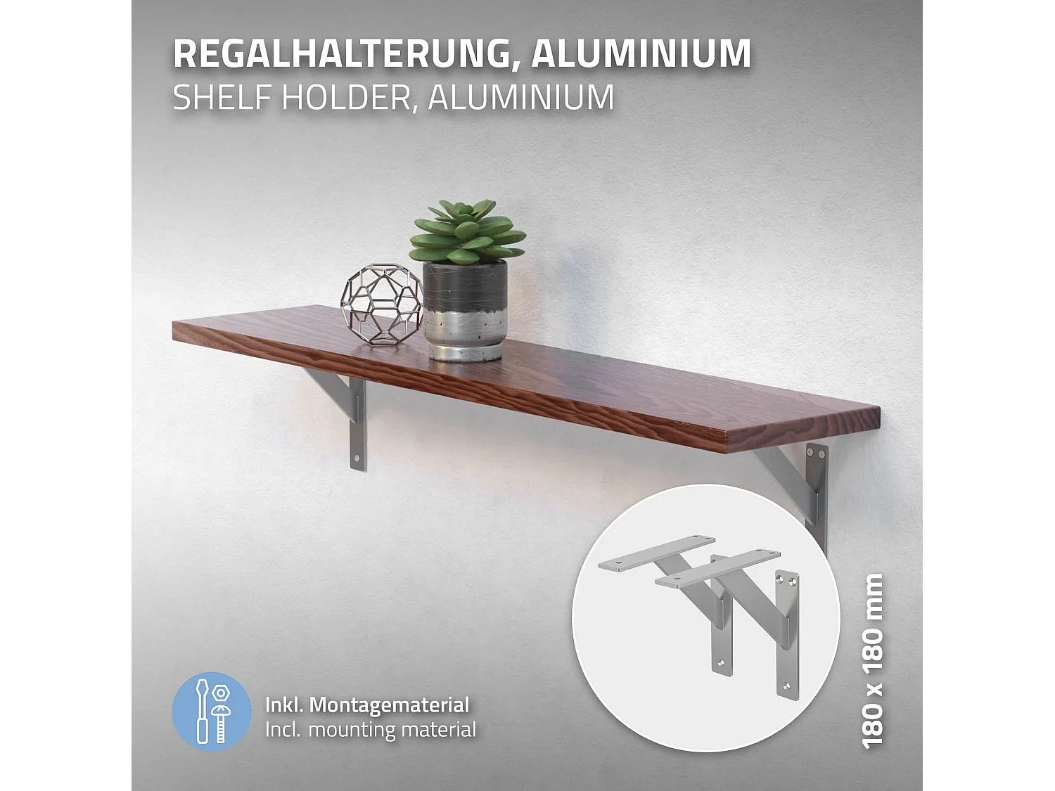 4x Staffa per mensola argento 180 mm alluminio reggimensola galleggianti a muro