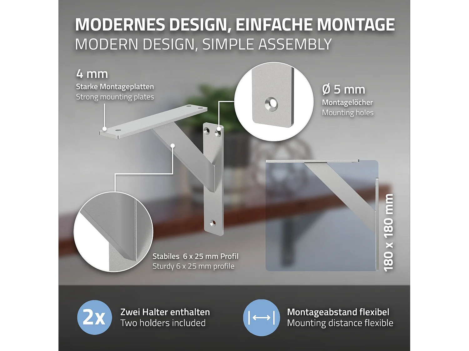 4x Staffa per mensola argento 180 mm alluminio reggimensola galleggianti a muro