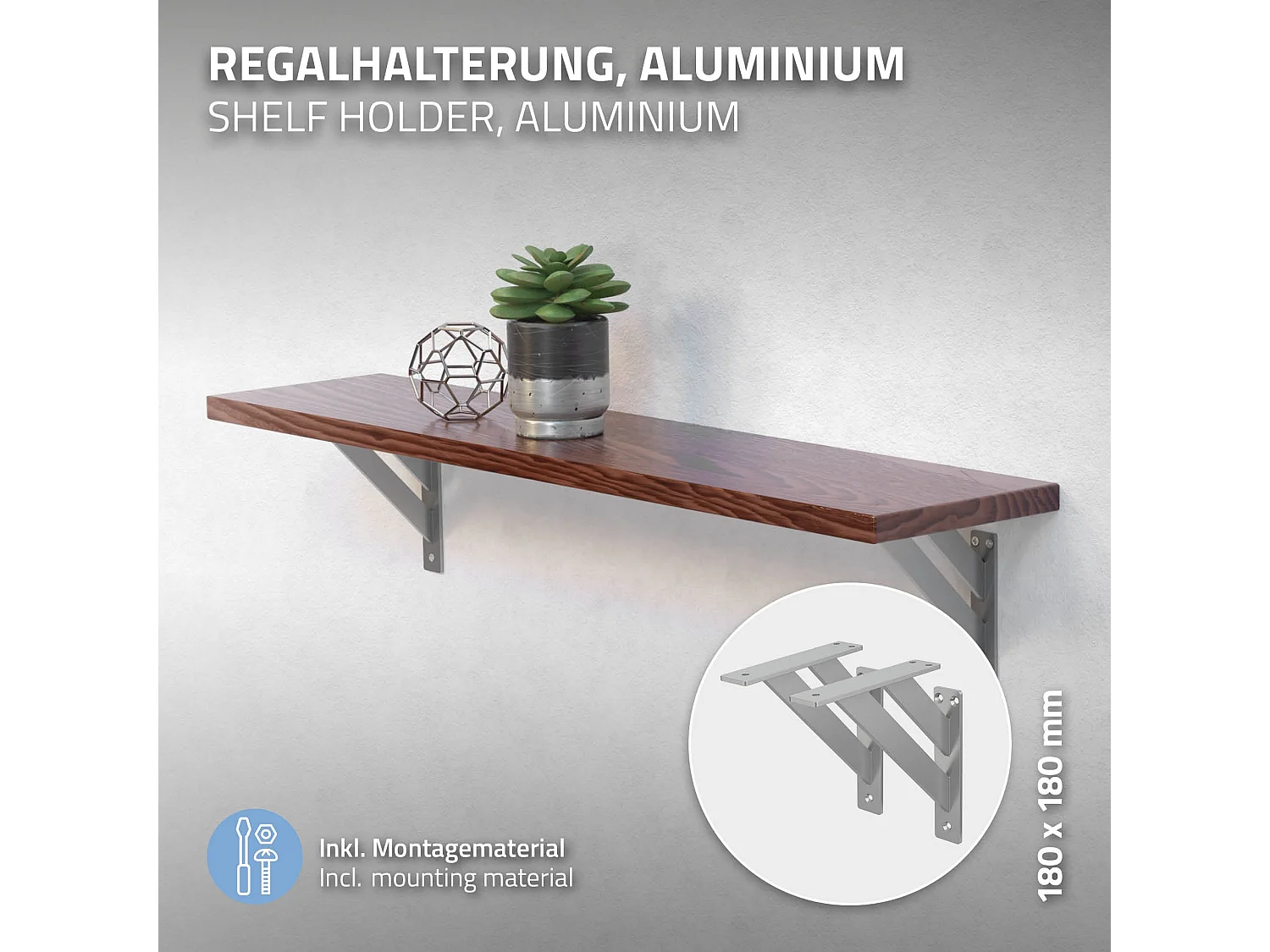 4x Supporto per mensole in alluminio argento 18x18 cm staffe per mensola pesanti