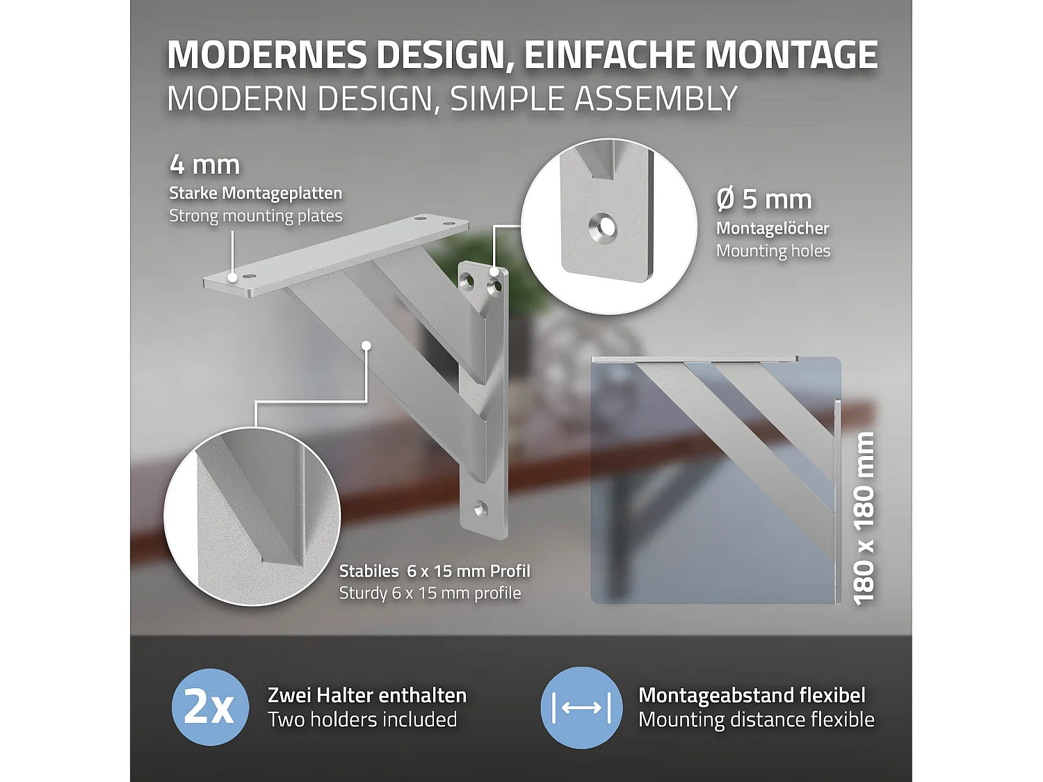 4x Supporto per mensole in alluminio argento 18x18 cm staffe per mensola pesanti