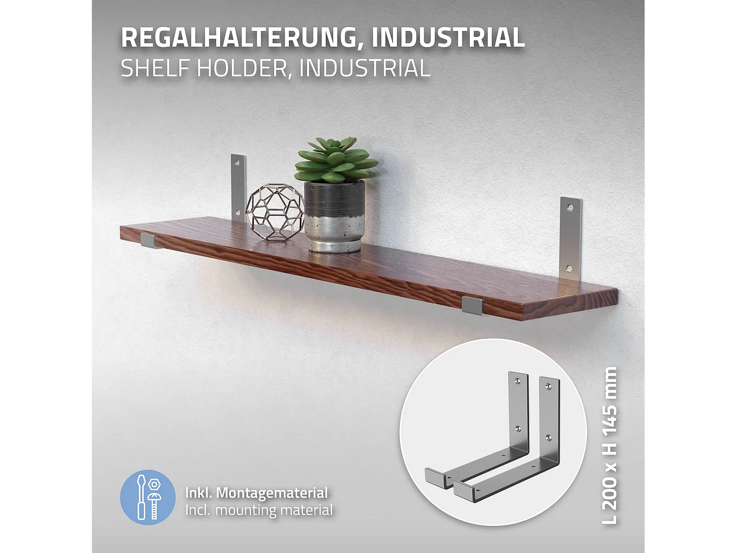 Set 4 supporti per scaffale staffe ripiano mensola metallo grigio 20x14 cm